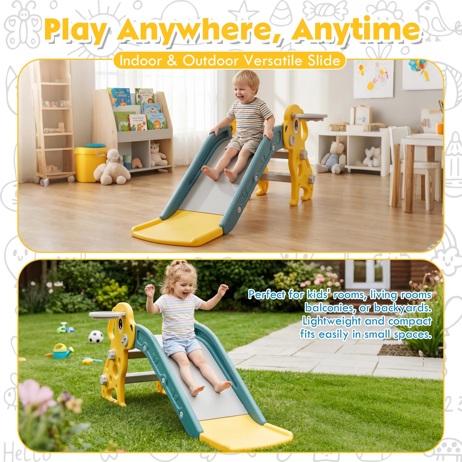 Tobogán Infantil 3 En 1 Tobogán para Niños De 3 Años con Escalera Antideslizante, Canasta De Baloncesto Y Pelota, Bordes Suaves Y Redondeados para Interior Y Jardín, Diseño De Perro, Color Amarillo