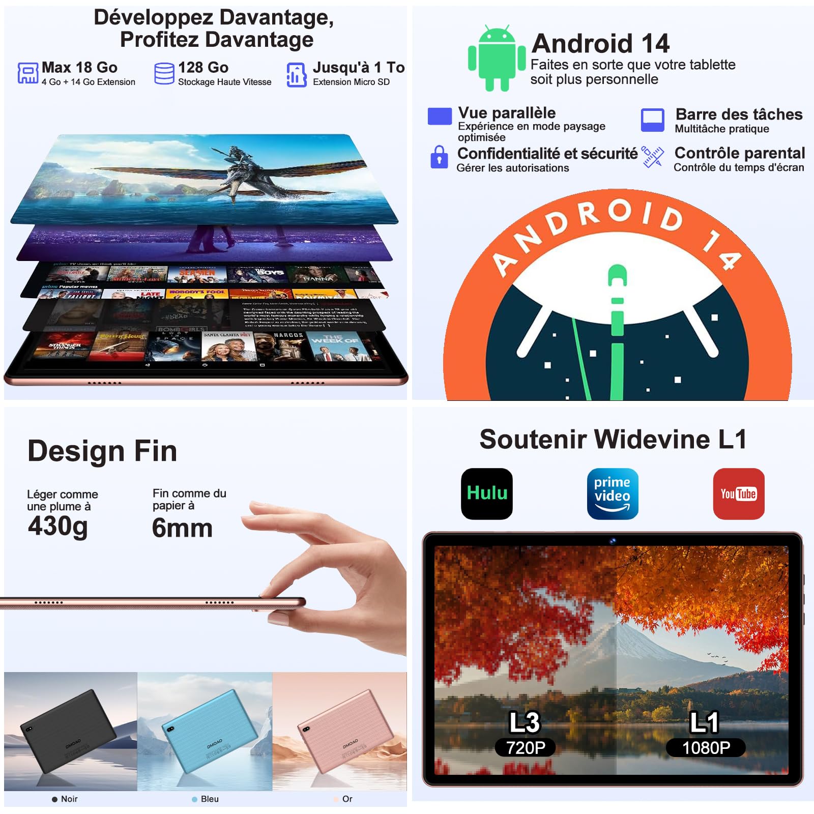 DMOAO Tablet 10 Pollici Android 14 con 18 GB RAM + 128 GB ROM(TF 1TB), FHD Tablet con 5G Wi-Fi 6, Widevine L1, Octa-Core, USB-C, BT 5.0, 6000 mAh, Tastiera + Mouse + Custodia, Oro Rosa