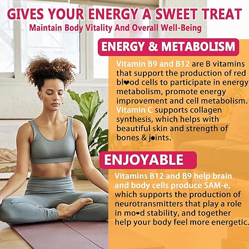 Miniatura 4 de Gomitas de vitamina B12 bajas en azúcar para adultos, 10000 mcg, metilcobalamina, metilo b12 con folato  B9, vitamina D 1600 UI, apoya la energía y