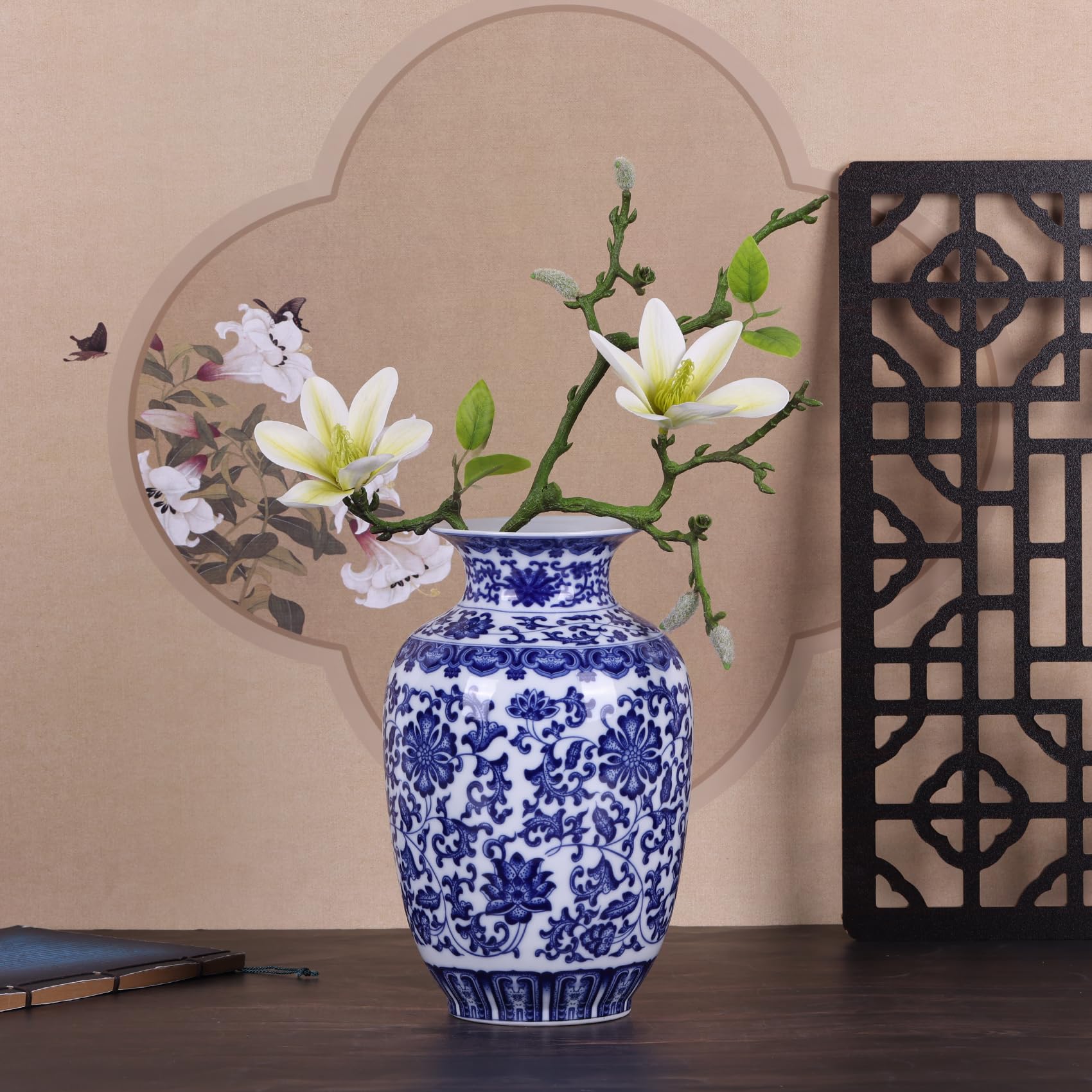 Jarrones tradicionales de porcelana azul y blanca de cuerpo delgado, cerámica chinoiserie pintado a mano con diseño floral, ligeros para decoración del hogar