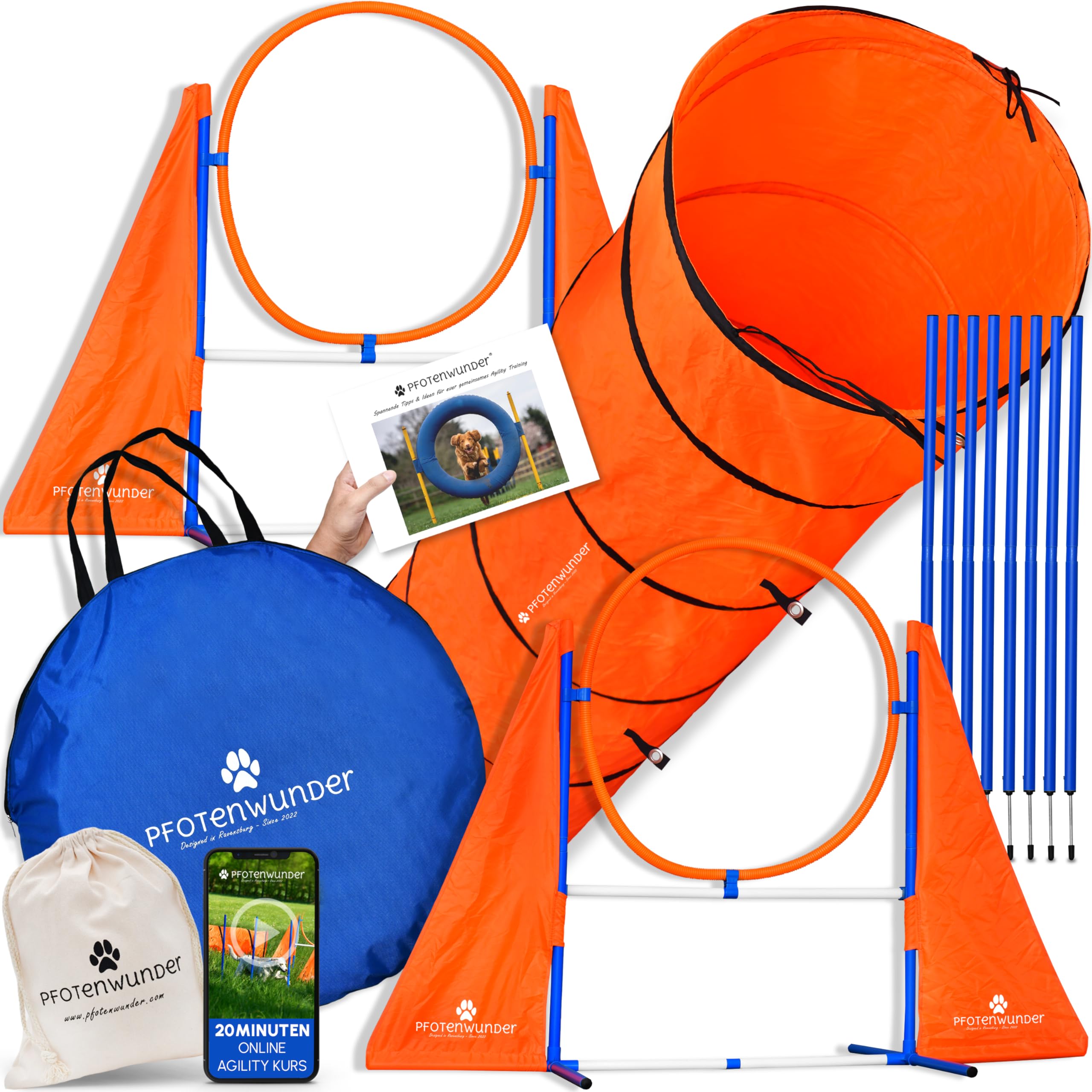 PfotenWunder® XXL-Attrezzatura di Agility per Cani + 6 Barre da Slalom, 1 Tunnel, agilità di Piccola e Grande Taglia, Agility Dog, Attrezzature per l'addestramento Giochi Sportivi e percorsi Attrezzi
