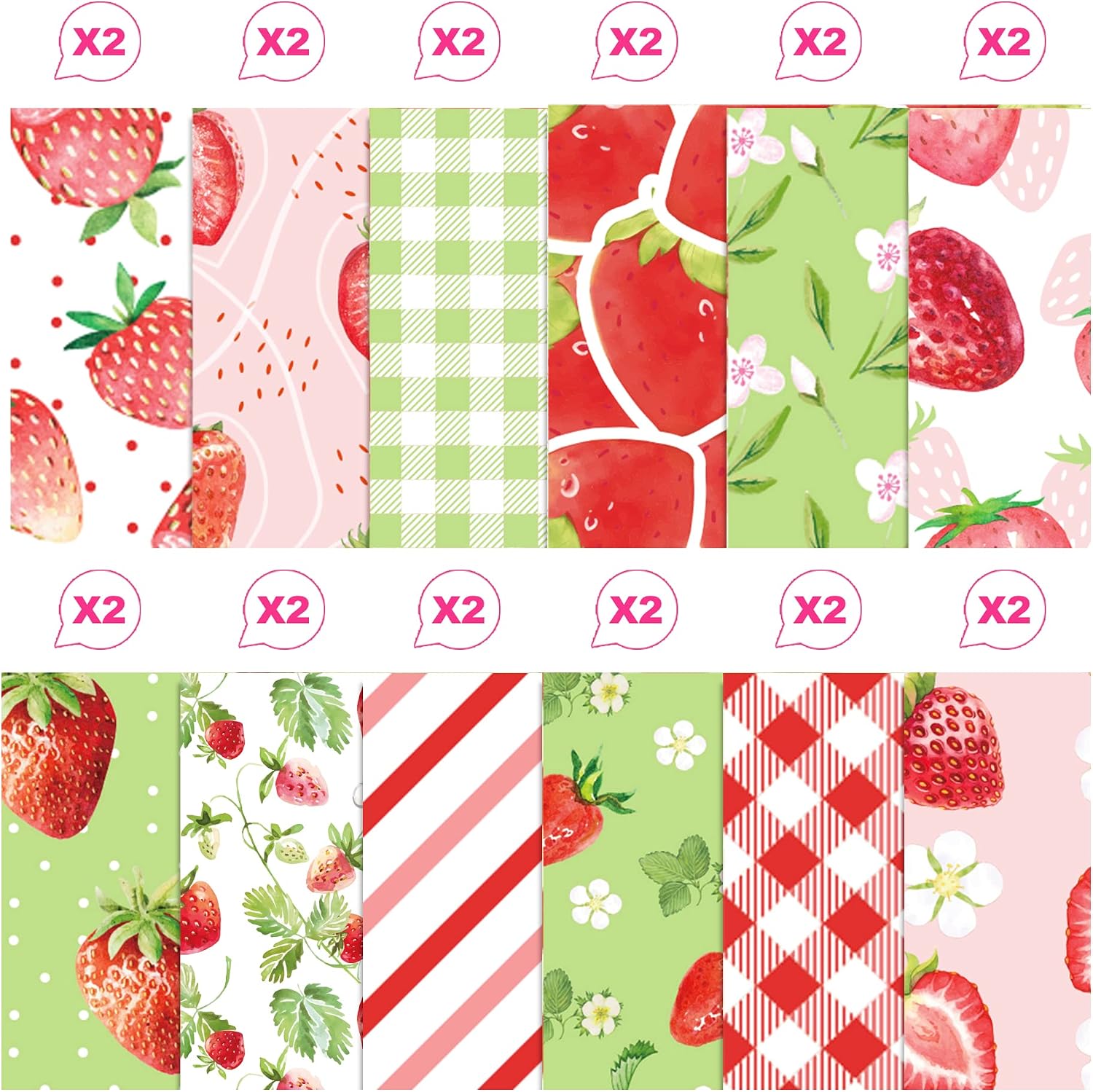 12'' x 12'' Double-Sided Scrapbook Paper, 24 Sheets Strawberry Theme Pattern Cardstock Decorative Craft Paper for Card Making, Journaling, Planners Aesthetic Room Decor Art Collage (A-style)