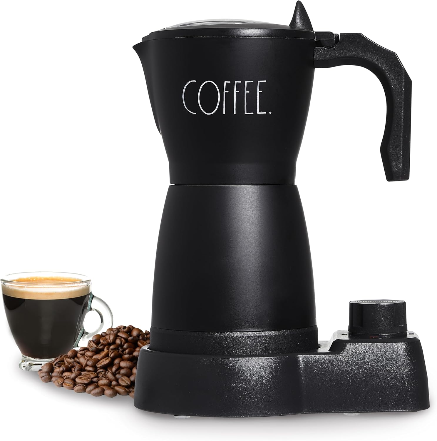 Rae Dunn 300ml Electric Espresso Maker: Brew Full-Bodied Coffee, Portable Mocha Pot, 6-Minute Boil, 15-Min Timer with Auto Shut-Off. Stylishly Labeled COFFEE, Black