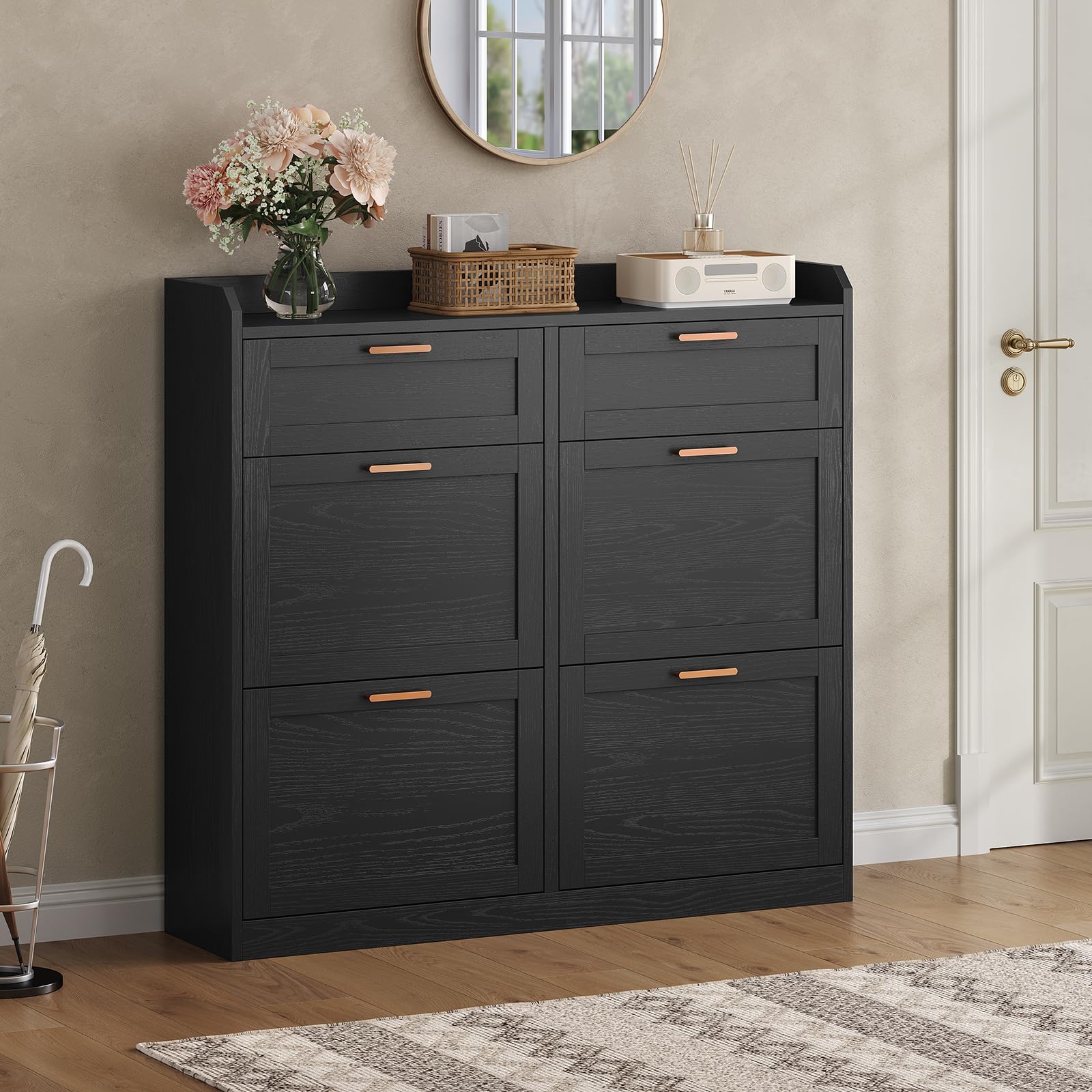 KIMENICH Scarpiera con 4 Scomparti a Ribalta, Scarpiera Salvaspazio, Scarpieras con 2 Cassetti, Divisorio Regolabile, per 16-24 Paia di Scarpe, Corridoio, Ingresso, 24 x 100 x 103 cm, Nero