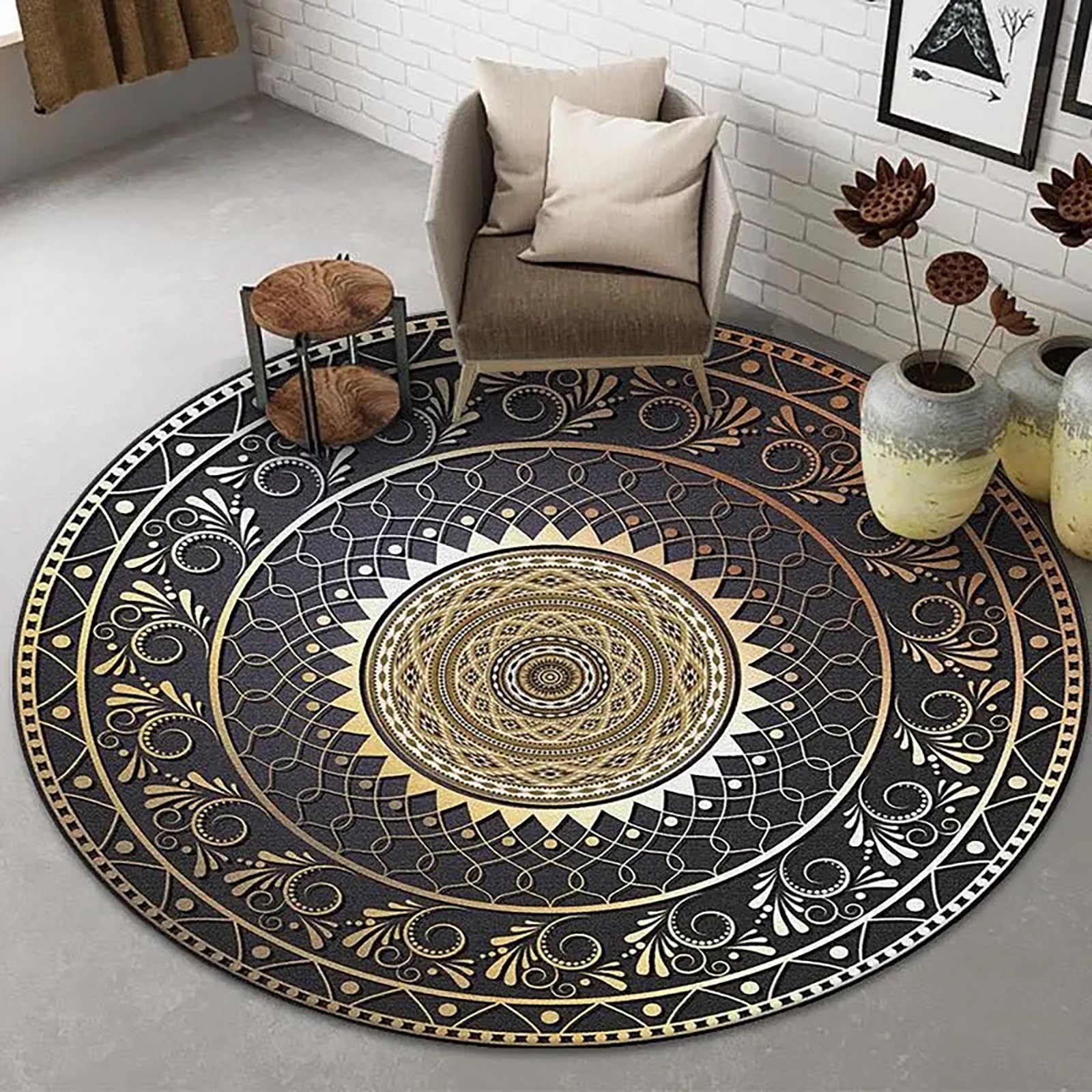 Tapis rond bohème ethnique lavable anti-glisse et sans peluches pour entrée et couloir