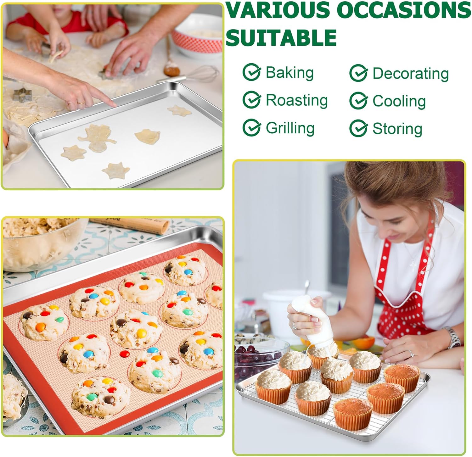 TeamFar Stainless Steel Baking Sheet with Rack Set, 10.5/12.5/16 Inch Baking Pan with Wire Rack & Silicone Baking Mat for Oven Baking, Cookies Sheets Set of 9 (3 Sheets + 3 Racks + 3 Mats), Easy Clean