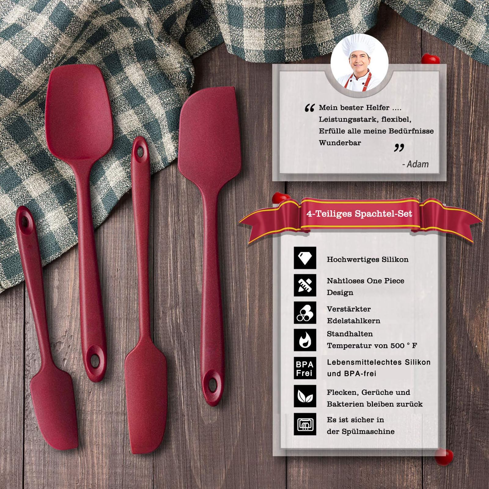 NoChoX 4 Pezzi Spatole in Silicone, Resistente al Calore 500 °F, Spatola da Cucina Utensili con Anima in Acciaio, Senza BPA, Antiaderente, Spatula Silicone per Mescolare, Cuocere e Cucinare, Rosso