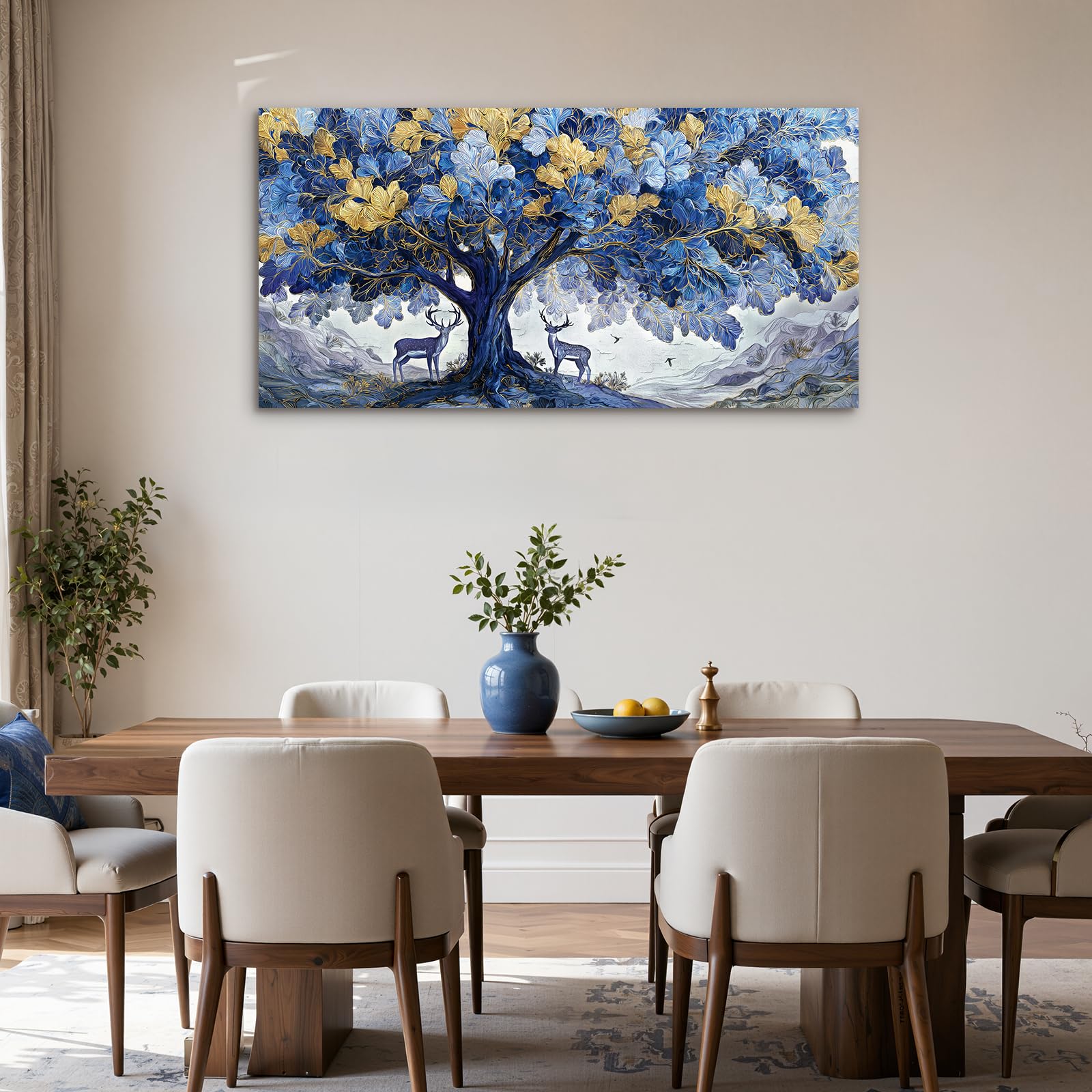 SERIMINO Cuadros Decoracion Arbol de la Vida Grandes Naturaleza 73x146 cm | Frondas Ciervos Montañas, Impresión Hd, Lienzo Bastidor Madera Maciza, Montaje Sencillo, Regalo Decorativo