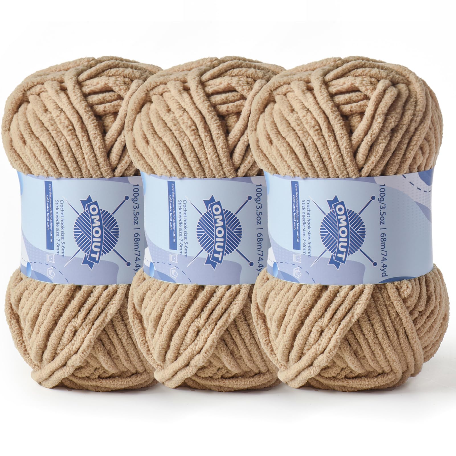 3 Pack Chunky Chenille Yarn for Crocheting, Baby Yarn for Crocheting Soft Blankets, Bulky Yarns for Crochet Amigurumi, 300g (223yds) Fluffy Velvet Yarns for Hand Knitting (3 Khaki)