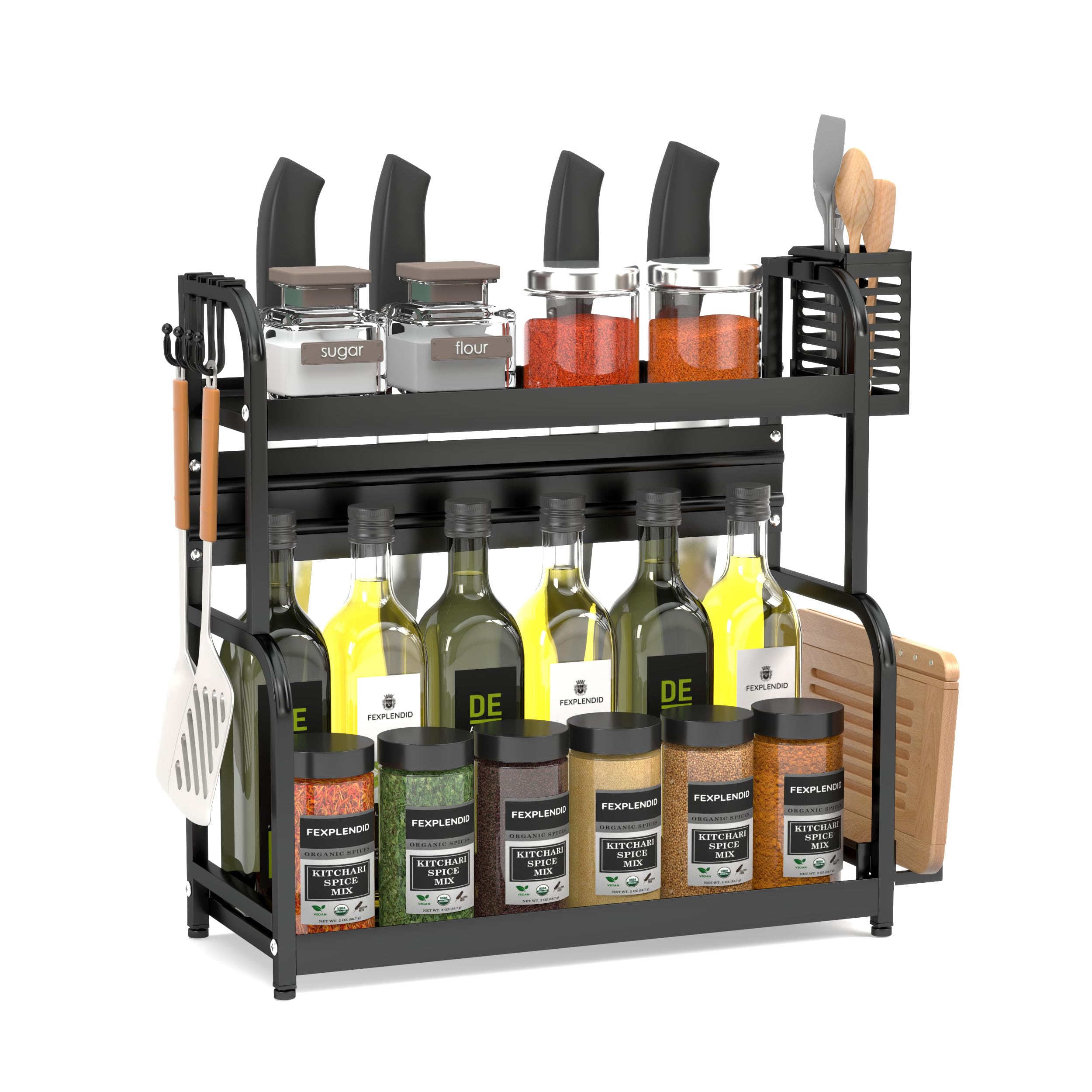 Fexplendid kruidenrek organizer, kruidenrek uitschuifbaar, metaal, 49x43x22. 5cm, spice rack organizer, kruidenrekje voor keuken, kantoor, wasruimte(2 layers