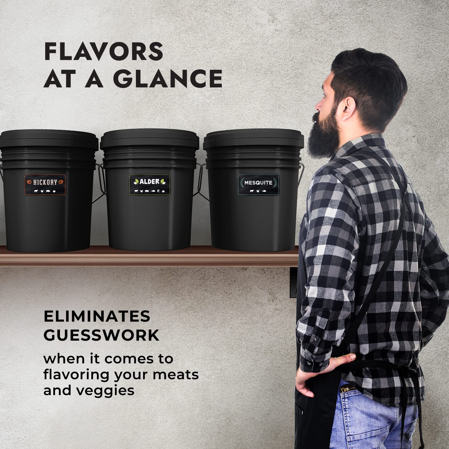 Paquete de 12 etiquetas adhesivas para cubos de pellets de madera para almacenamiento de pellets de madera, organiza sabores para parrilla de pellets al aire libre y ahumador de pellets de 3