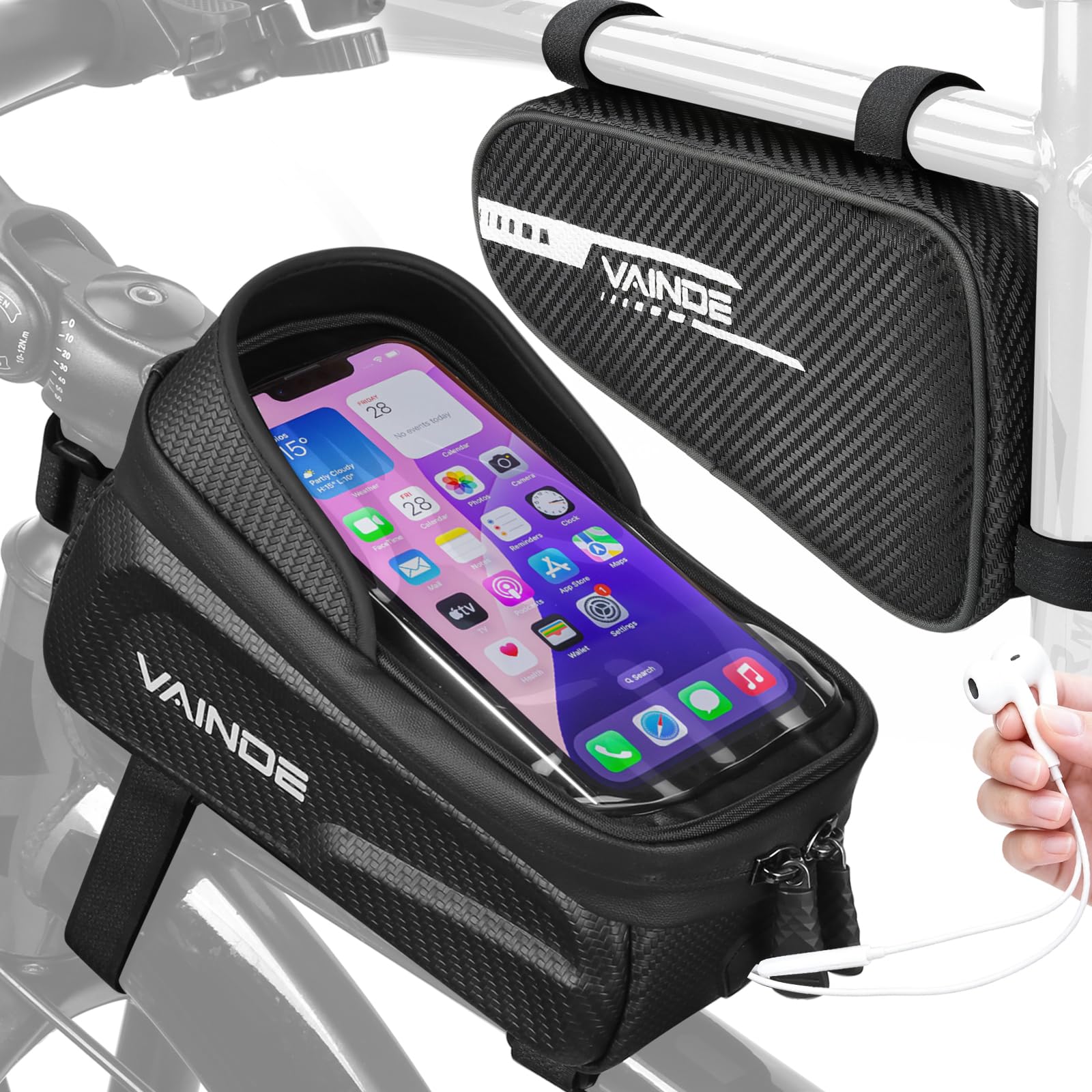 VAINDE 2er Set Fahrradtasche Rahmen, Rahmentasche Fahrrad, Lenkertasche Wasserabweisend Handytasche für Smartphone bis zu 6.8 Zoll mit TPU Sensitivem Touchscreen für Montainbikes, Rennrad, Ebikes.