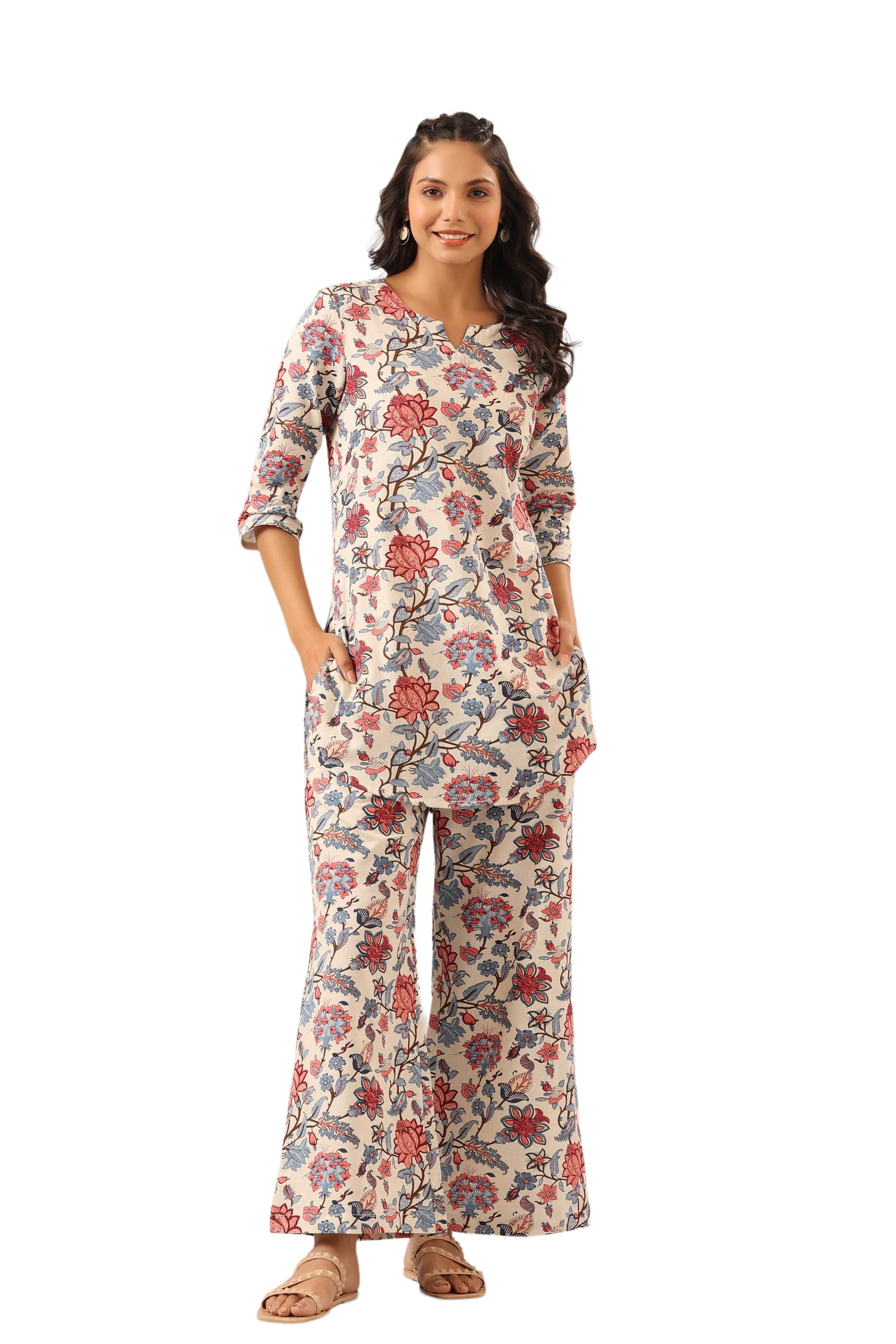 jisora Women's Organic Printed Pure Cotton Pyjama White Top Night Suit Set-picture-35