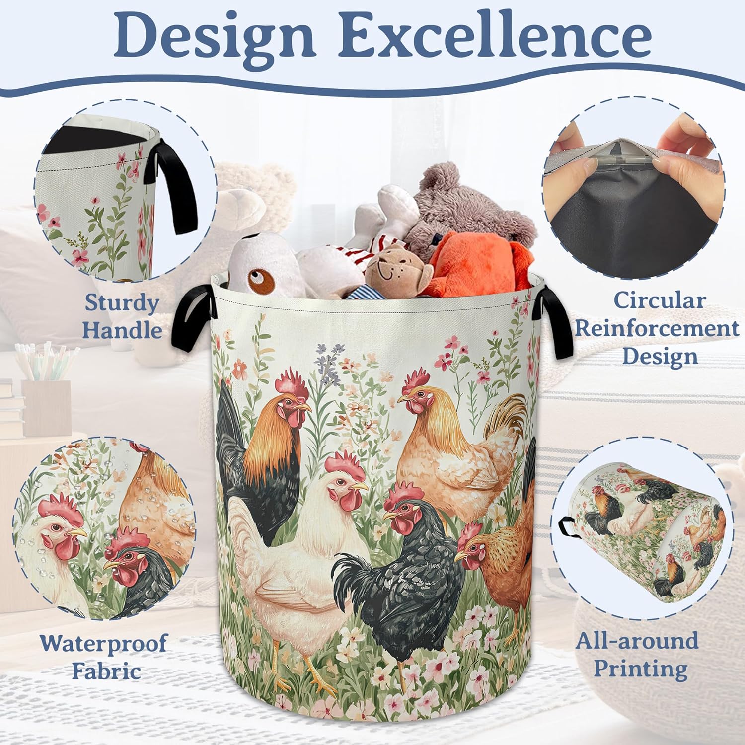 Roosters Hens Laundry Basket,Foldable Waterproof Oxford Cloth Tote Bag Meadow Flowers Laundry Hamper with Handles,20.8"x16" Clothes Storage Bucket Organizer for Laundry Room, Bathroom, Bedroom