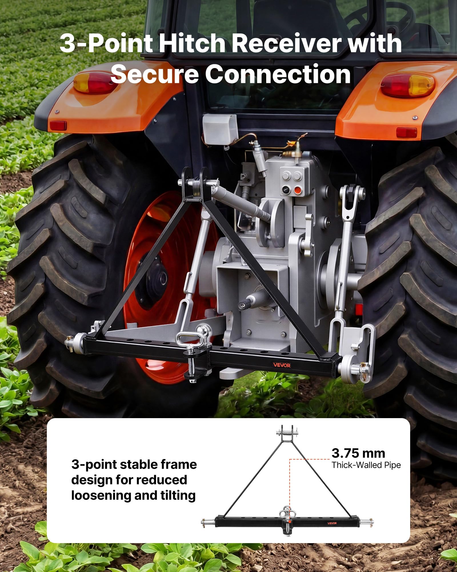 VEVOR Enganche de Remolque de 3 Puntos, Adaptador de Acoplamiento con Enganche de Cabeza Esférica, Compatible con Tractores de Categoría 2 de Kubota Mahindra Ford Yanmar John Deere Massey Ferguson
