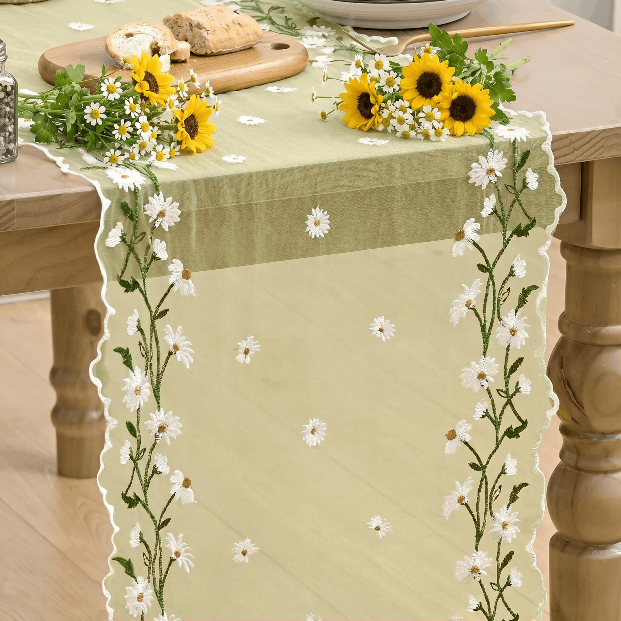 Artoid Mode Yellow Embroidery Daisy Leaves Spring Gauze Table Runner 40x300 cm, Summmer Tulle Sheer Dining Holiday Birthday Table Decor for Home Party