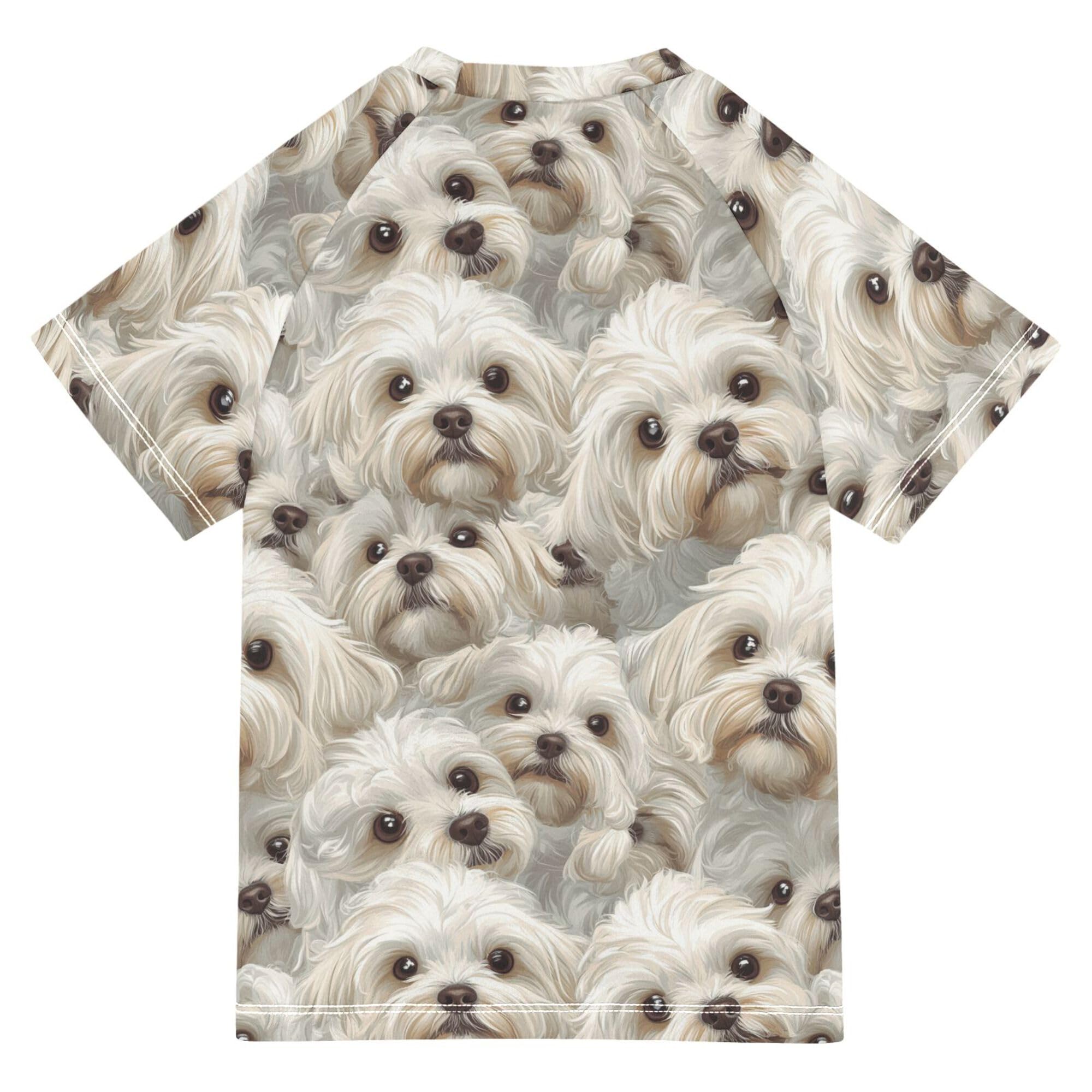 Wudan Funny Maltese Dogs Kids Bathing Suit UV Protection Rash Guard for Girls Swimwears Summer Clothes for Little Boys 7-8Y