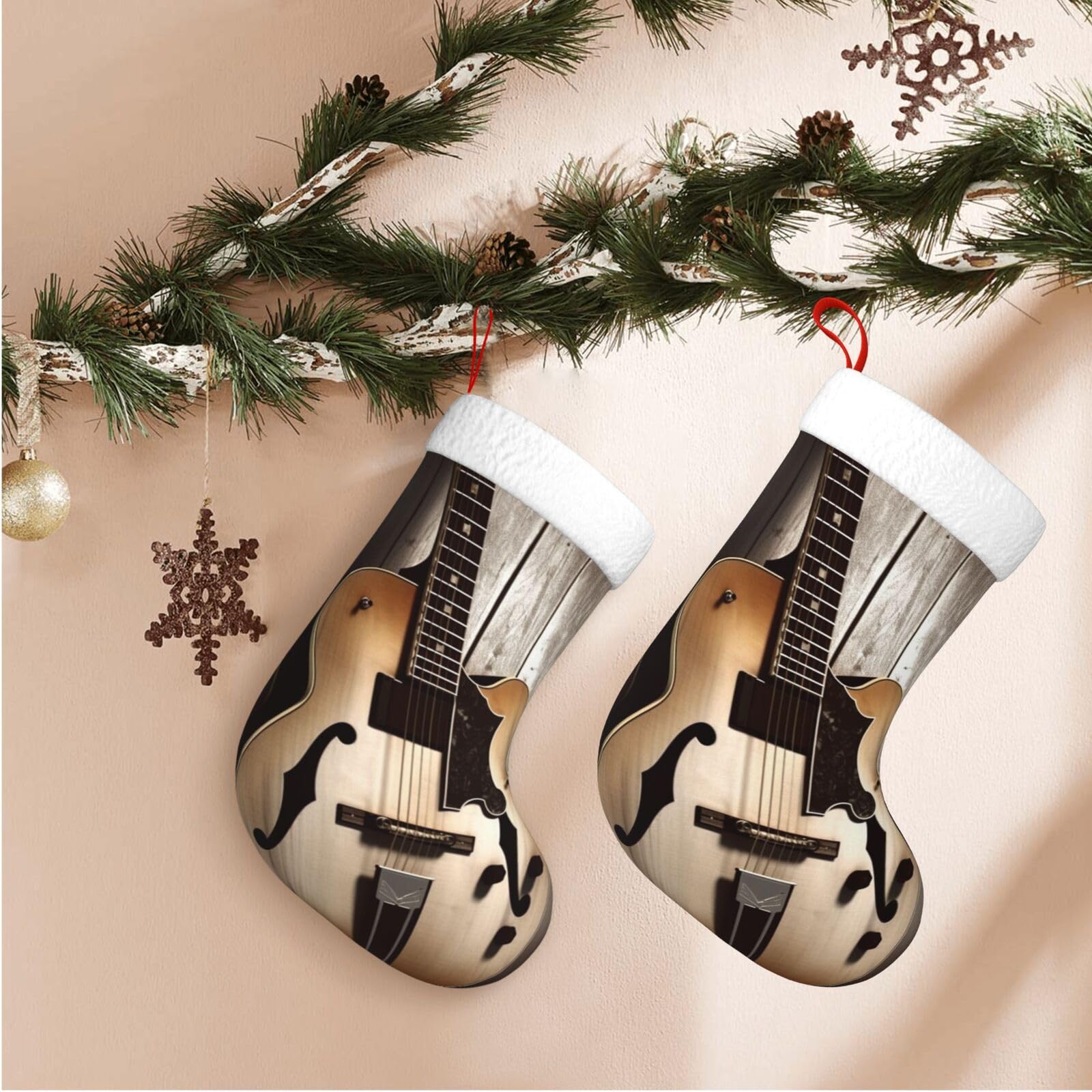 Guitar Pictures Christmas Stockings Velvet Xmas Fireplace Hanging Stocking with Plush Cuff Rustic Christmas Santa Stockings for Home Christmas Decorations Party Favor Supplies