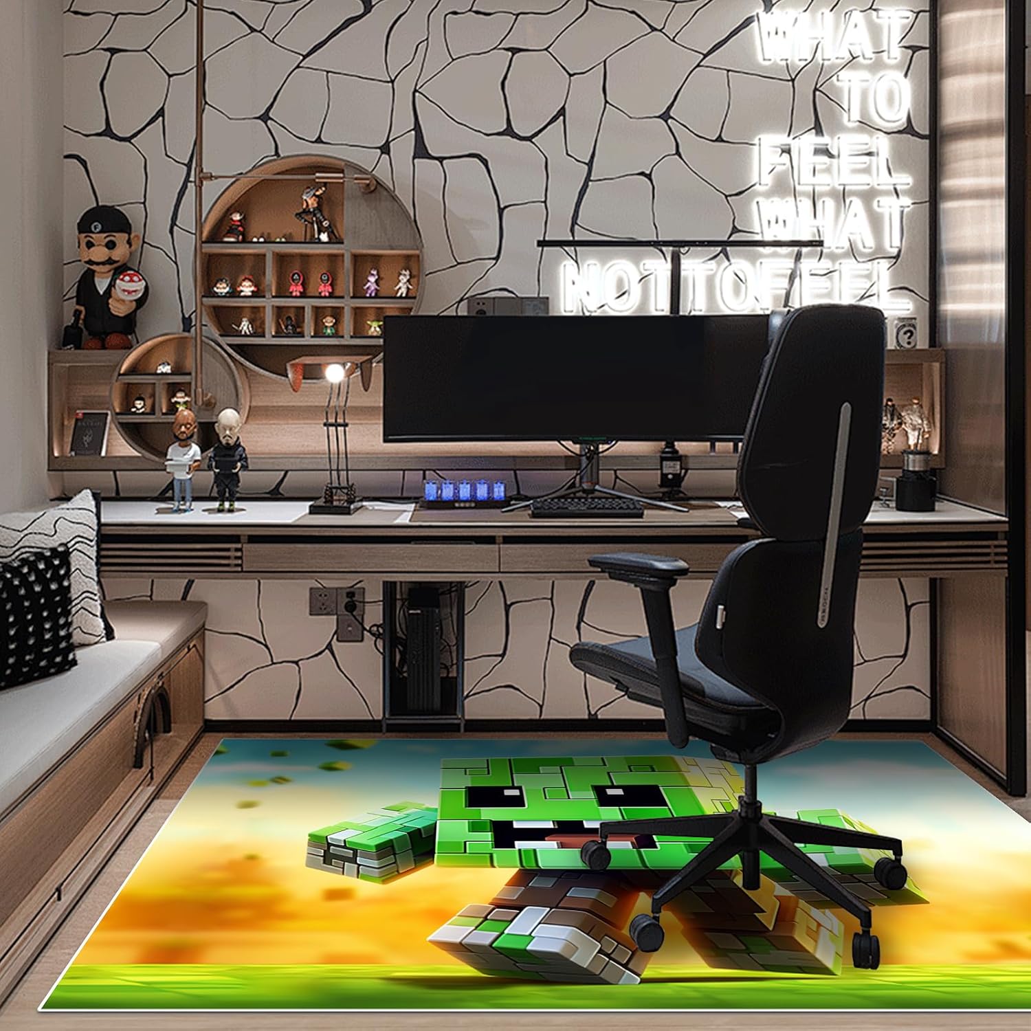 Block Game Rug Teen Boys Carpet with Pixel Games Decoration Mat, Green Man Cube Block Game Rugs for Boy’s Bedroom Living Room Playroom, Non-Slip Children Gaming Area Rugs (86" x 63")