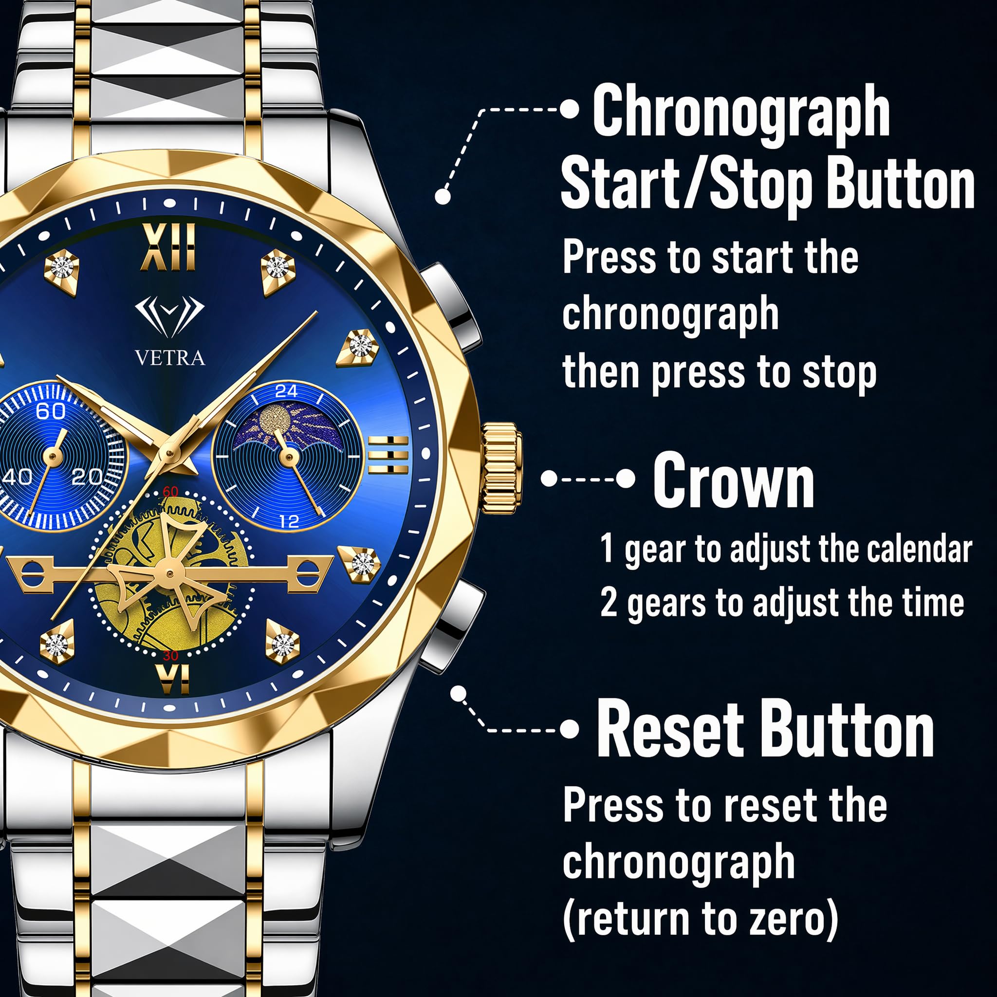 Vetra Relojes De Hombre Uhren für Herren, luxuriös, Business-Kleid, multifunktional, Mondphase, Edelstahlband, leuchtend, 30 m, wasserdicht, legere Armbanduhr, Geschenk für Herren