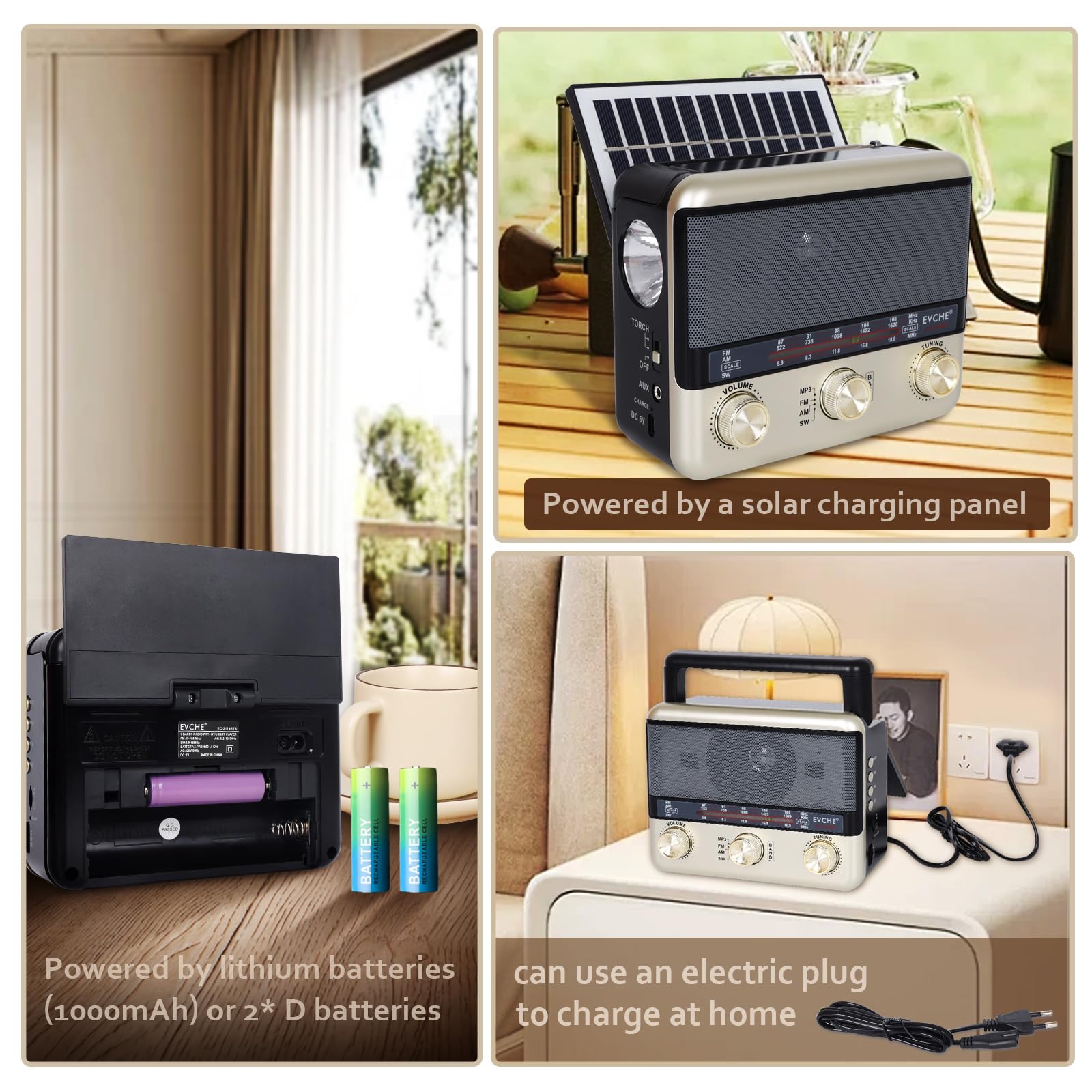 Radio portátil retro AM FM SW radio de onda corta con altavoz Bluetooth, CA, solar, carga SUB, tarjeta TF, linterna de reproducción USB