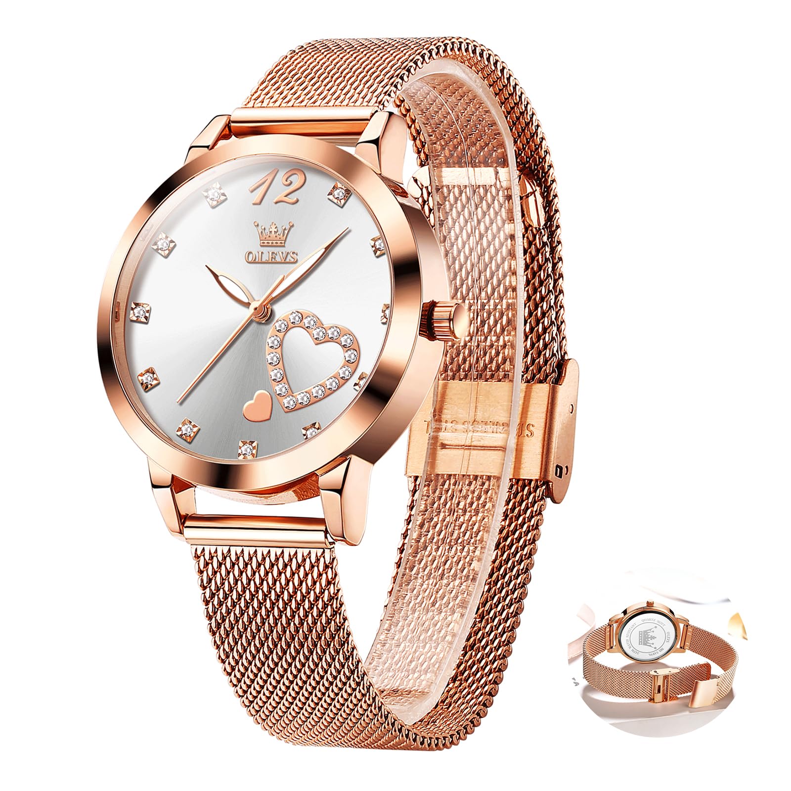 OLEVS Roségold Damenuhr Edelstahl, Lässig Klein Armbanduhr Damen Wasserdicht, Moderne Analog Uhr Damen mit Mesh Armband, Ultradünne Damen Uhr mit Diamant Herz