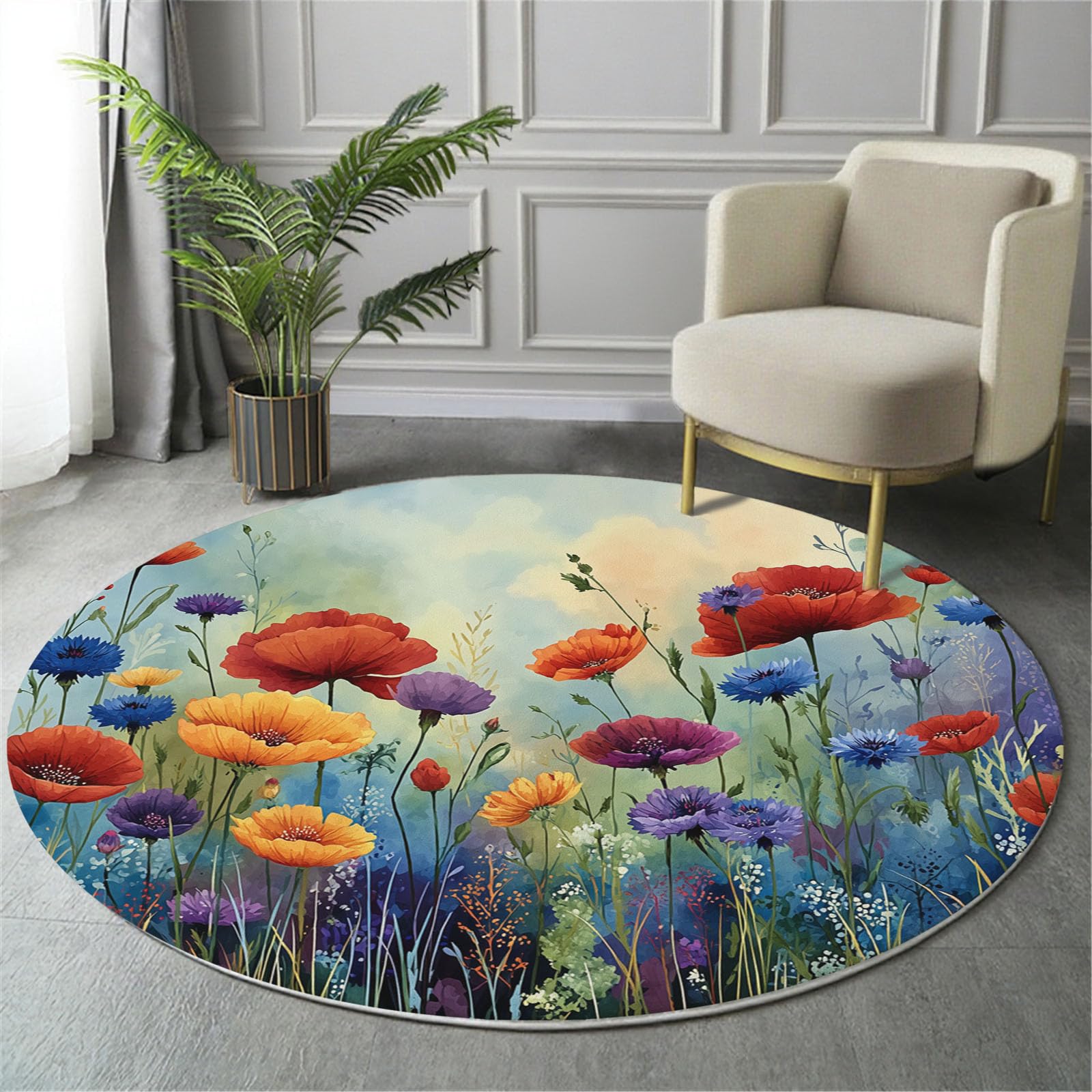 Tappeto Rotondo Fiori Da Giardino Ad Acquerello per Soggiorno, Lavabile in Lavatrice, Antiscivolo, Pelo Corto | Tappeto Papavero Erba Selvatica per Salotto e Camera da Letto,Ø 160 cm, Ciano