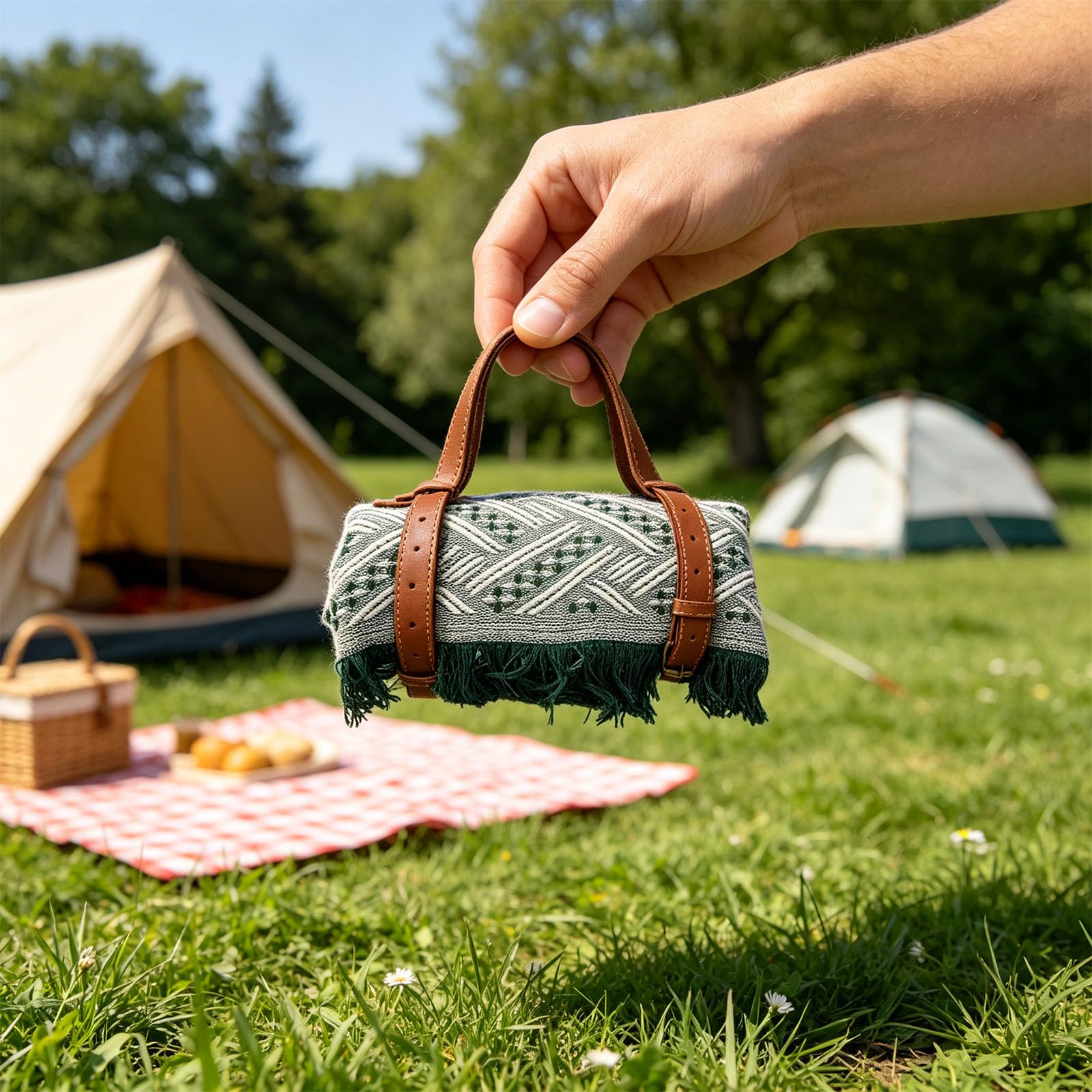 Große Outdoor-Decke mit Ledergriffen, 180 x 130 cm, Campingmatte für Strand und Reisen, Outdoor-Sitzmatte