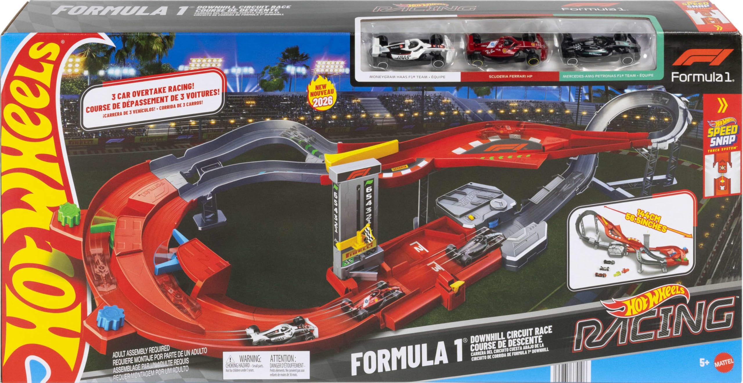 Hot Wheels Racing Formula 1 Super Circuito | Include 3 modelli di auto da corsa F1 in scala 1:64, propulsori manuali, booster motorizzato, sfida testa a testa, JMC90
