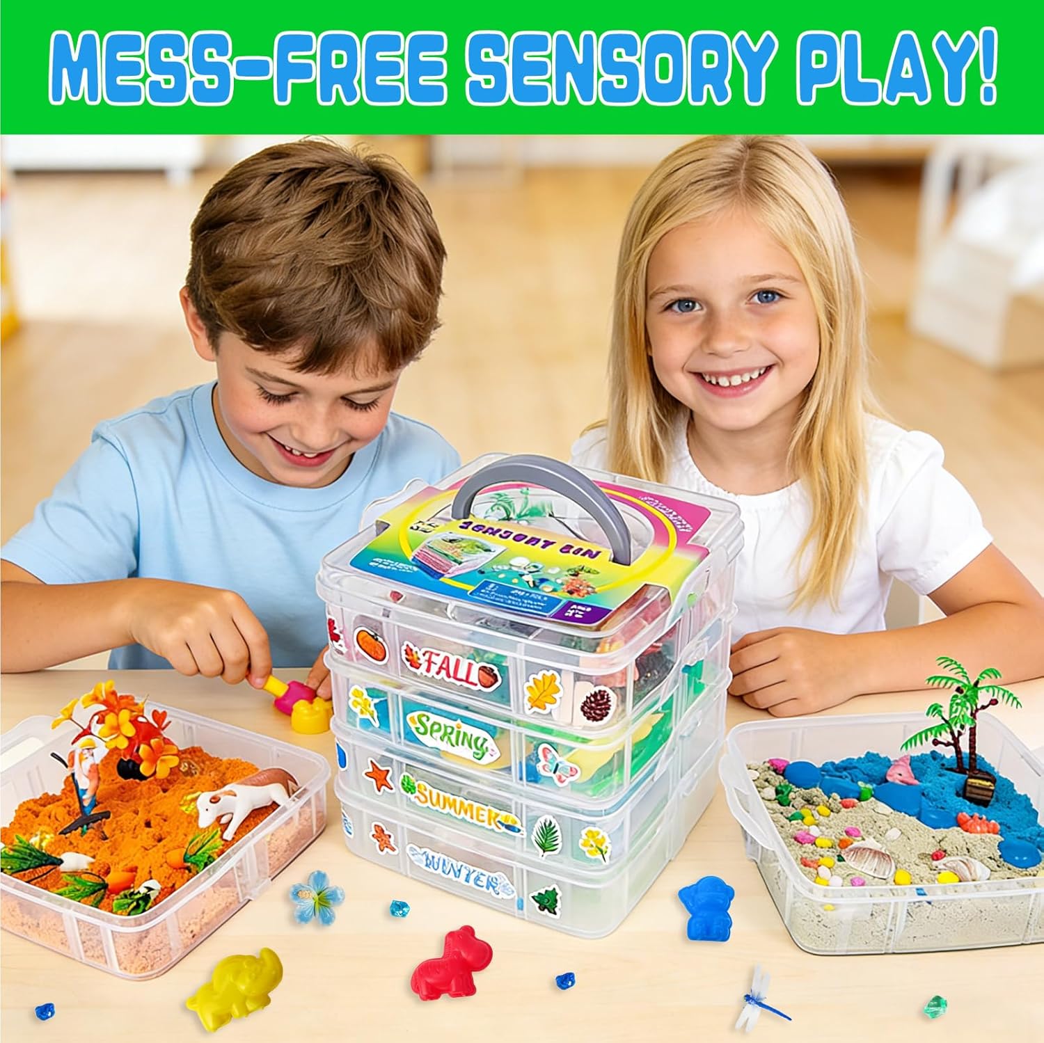 AGENTLAN 4 Seasons Stackable Sensory Bin，Mini Sandbox for Spring, Summer, Fall & Winter. Sensory Toys with Play Sand for Toddlers Boys and Girls, Kids Toys Gift Sand Box for Age 3 4 5 6 7 8
