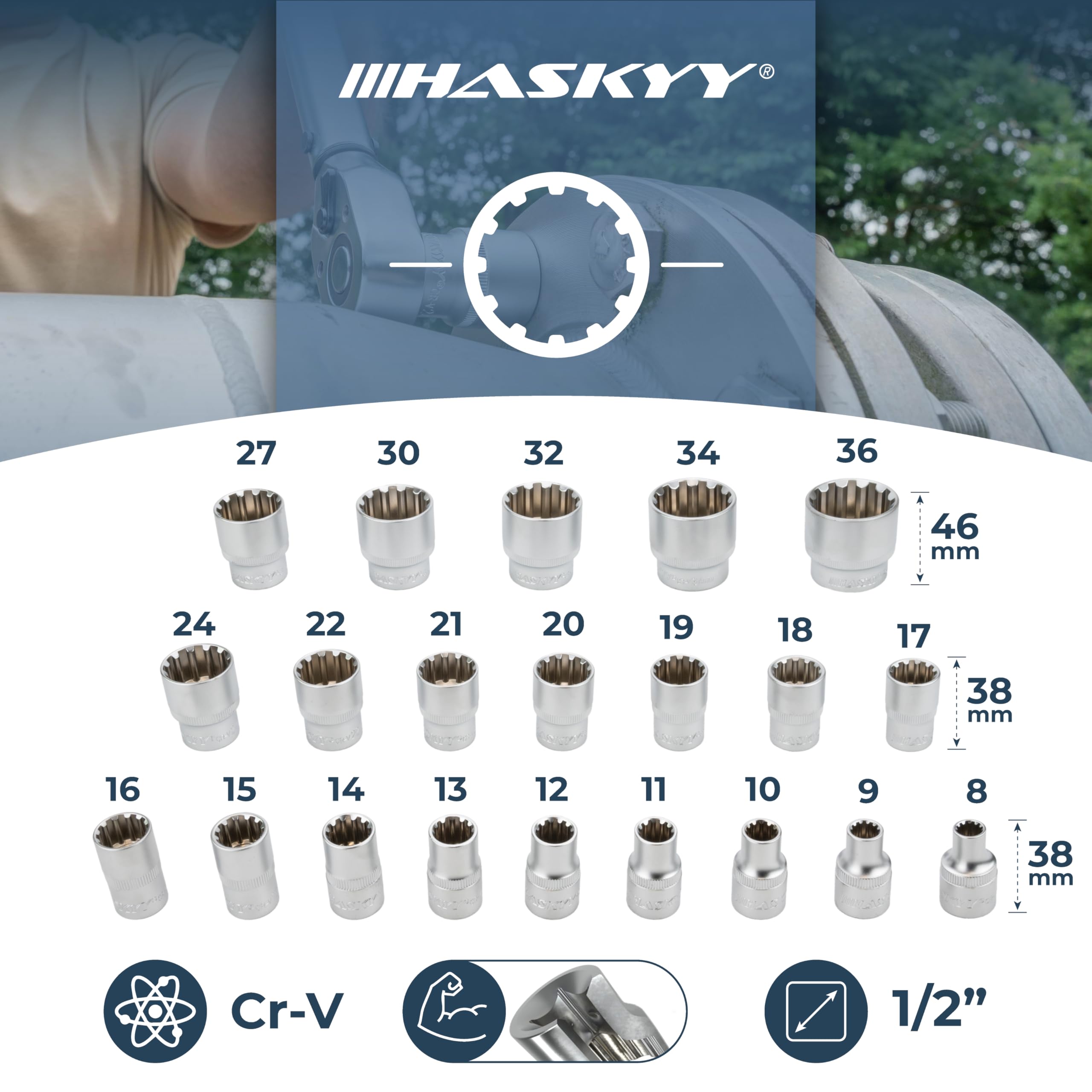 HASKYY Jeu de clés à douille à denture multiple Douilles 1/2" XZN Écrou 21 pcs. Jeu d'outils 8-36mm Denture multiple extérieure 12 pans - 6 pans
