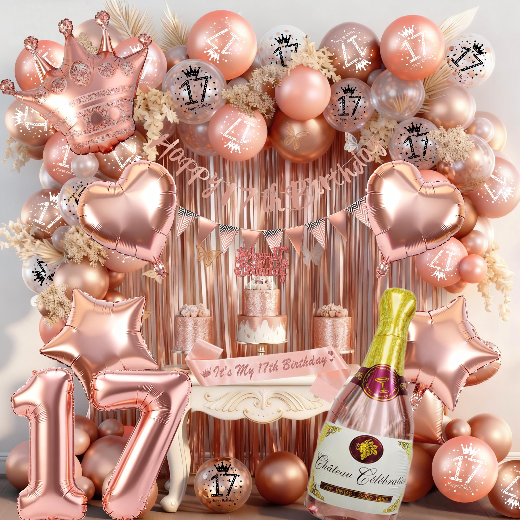 Rose Gold 17th Birthday Decoration for Girls - Happy 17th Birthday Banner, Triangle Flag Banner, Number 17 Balloons, Foil Curtains for Party Decorations