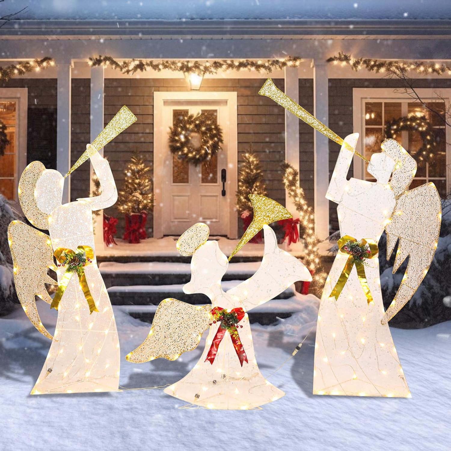 Taman Lighted Christmas Angel, Glittered 3 Angels Blowing The Trumpet Lighted LED Warm Lights for Outdoor Christmas Holiday Home Lawn Yard Garden Decoration