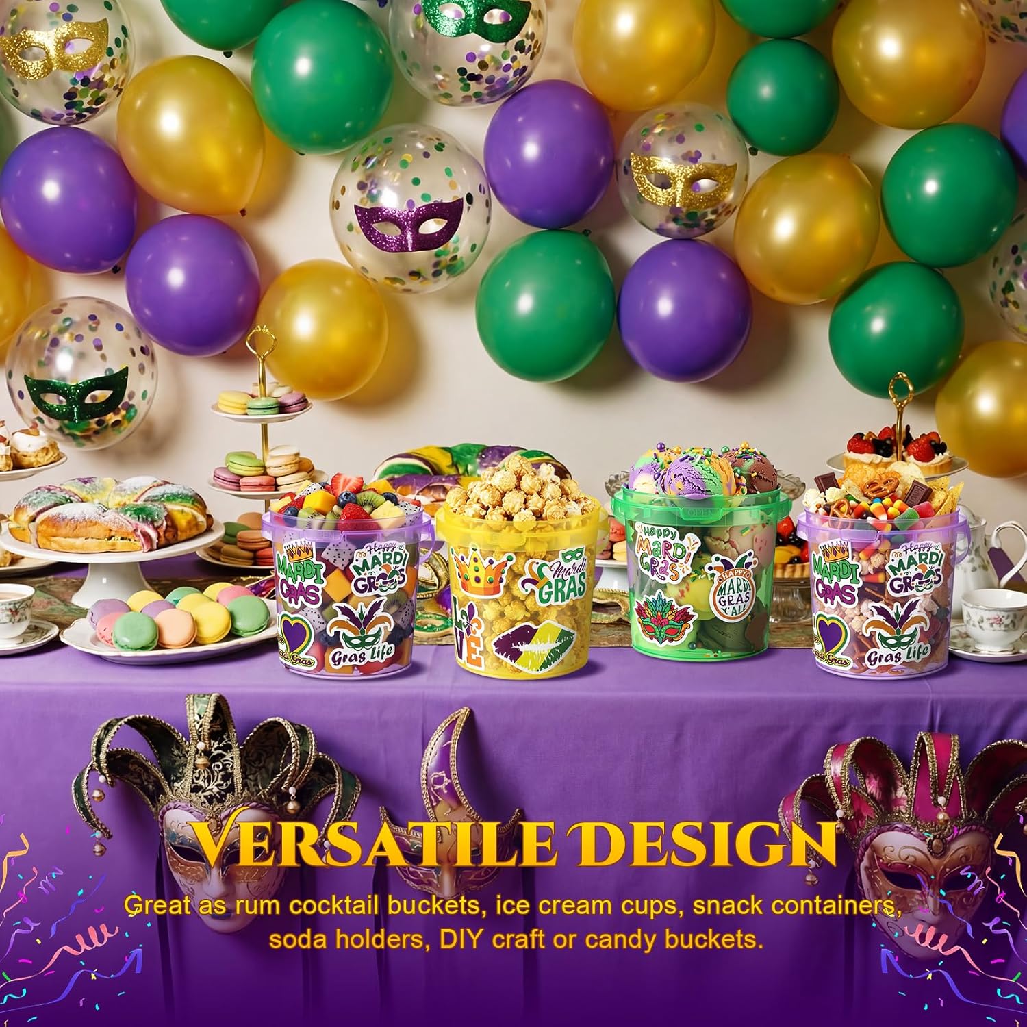 Funnymoom 18 Pack 32 oz Mardi Gras Plastic Rum Buckets for Drink with Straws Beverage Syringes Stickers Carnival Snacks Beer Cocktail Bucket with Lids and Handles Reusable Food Containers for Parties