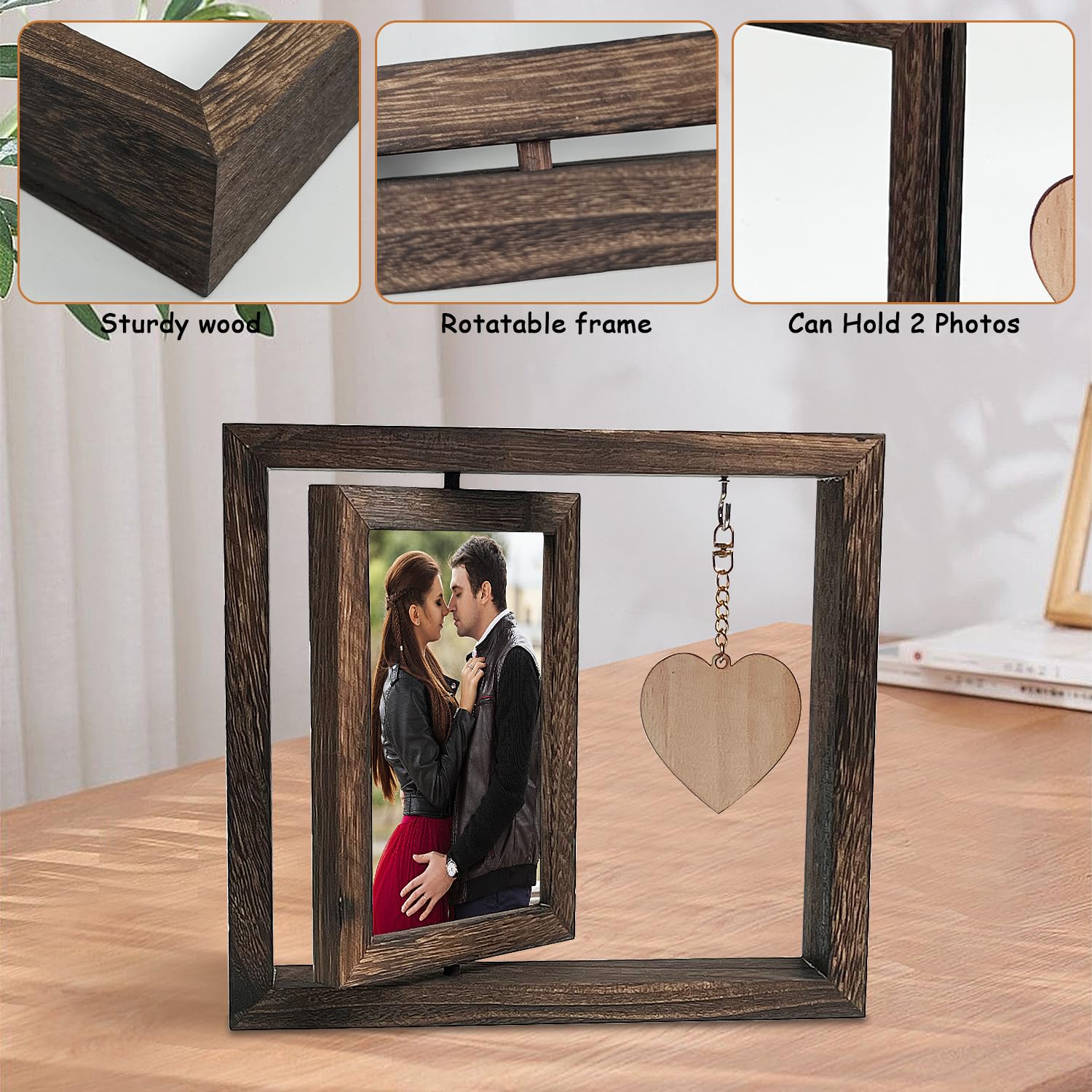 Aresvrgo Cadre Photo Double Rotatif 10x15 Bois Vintage – Cadre Famille 2 Photos Avec Vase, Style Rustique Marrone Scuro, Cadeau Anniversaire Noël