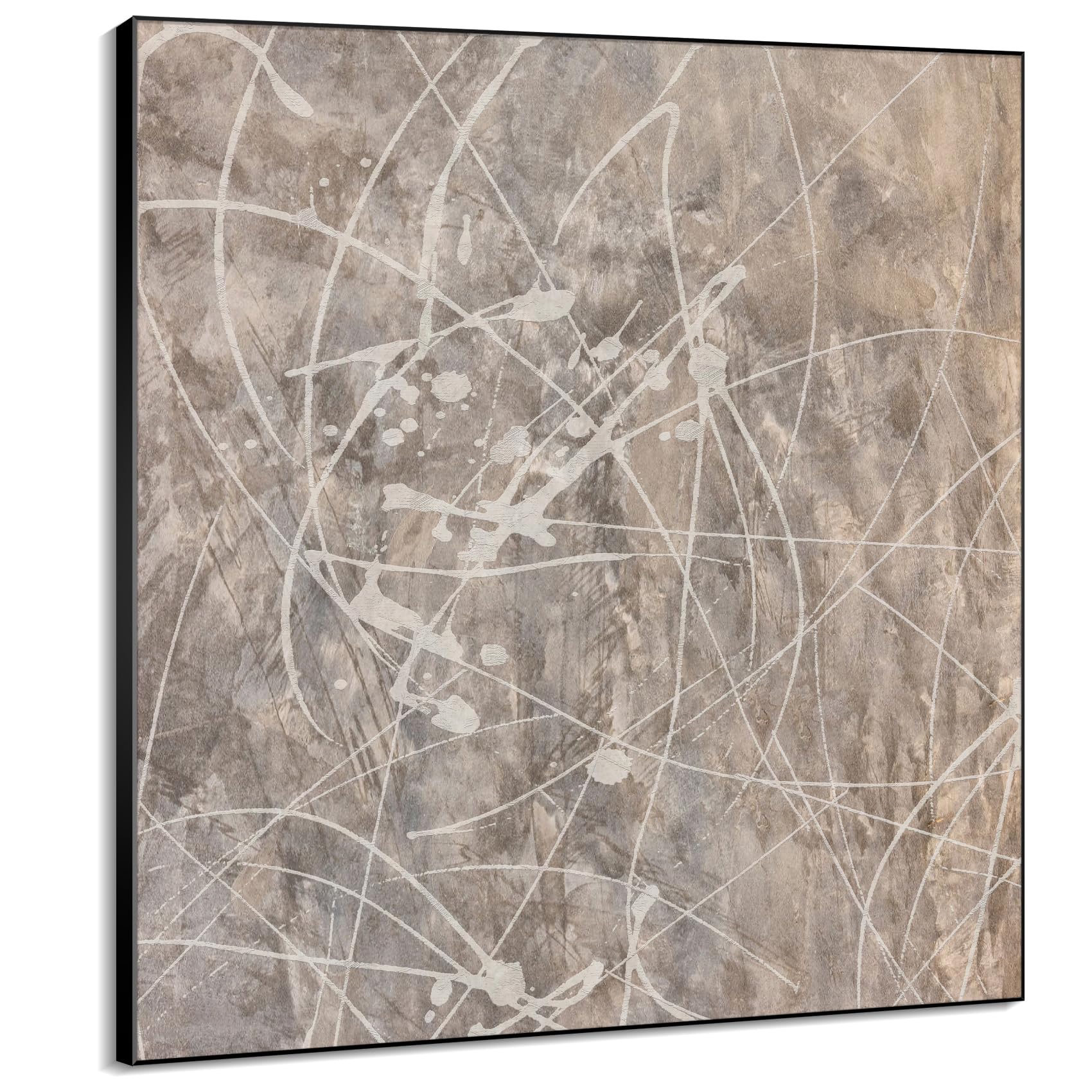 36"x36" Large Framed Wall Art - Splatter Beige and Gray Graffiti Style (Frame Assembly Required)