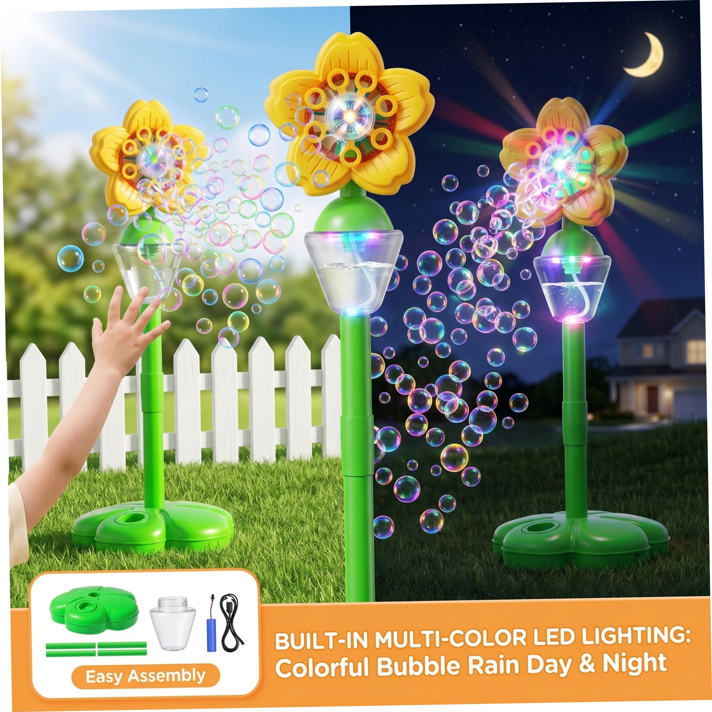 Pistolet à Bulles Tournesol – Machine à Bulles Rechargeable, 3 Modes (danse, Bulles, Veilleuse), 5000-10000 Bulles/min, Dès 3 Ans