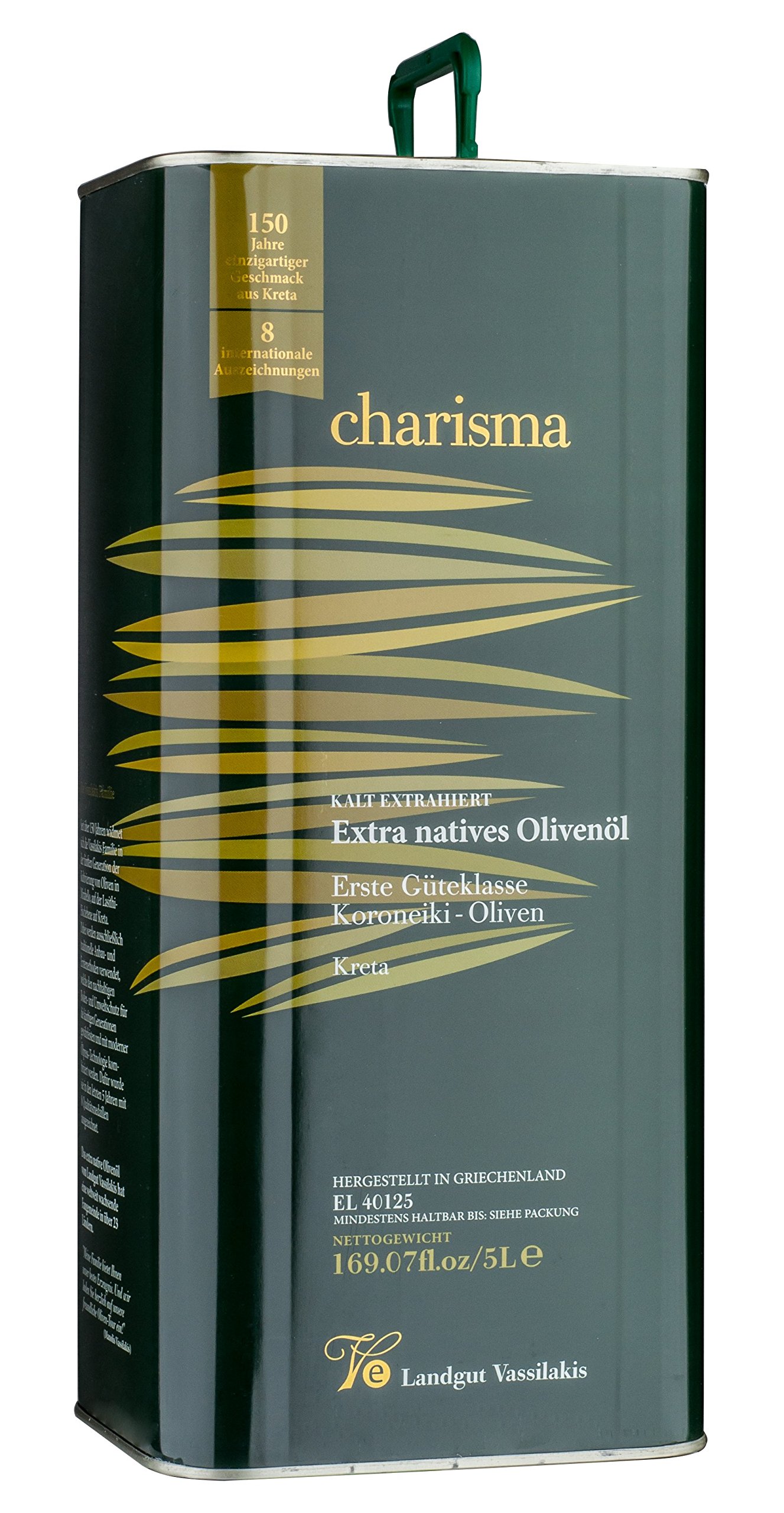 Premium Olivenöl Charisma 5 Liter, Extra nativ, Säuregehalt unter 0,4%, Sortenrein, Kaltgepresst, Vassilakis Olivenöl aus Kreta