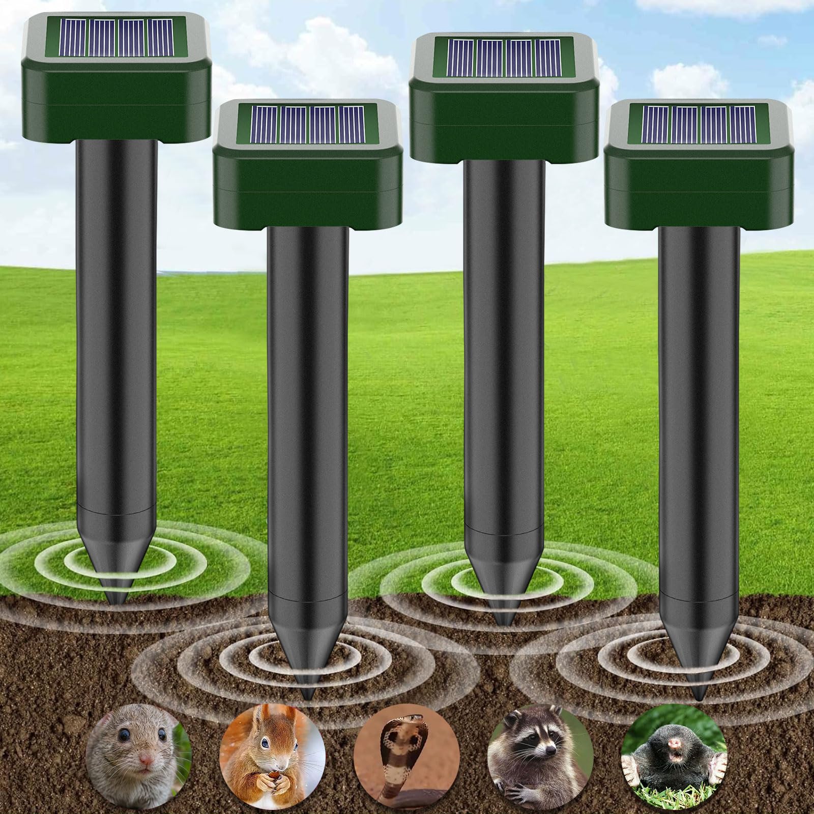 Solar Mole Repellent 4 Pack, Repellent Ultrasonic Solar Powered Mole Repellent Stakes Waterproof Animals Repeller Groundhog Snake Repeller Mole Repeller for Lawn Garden — image 1