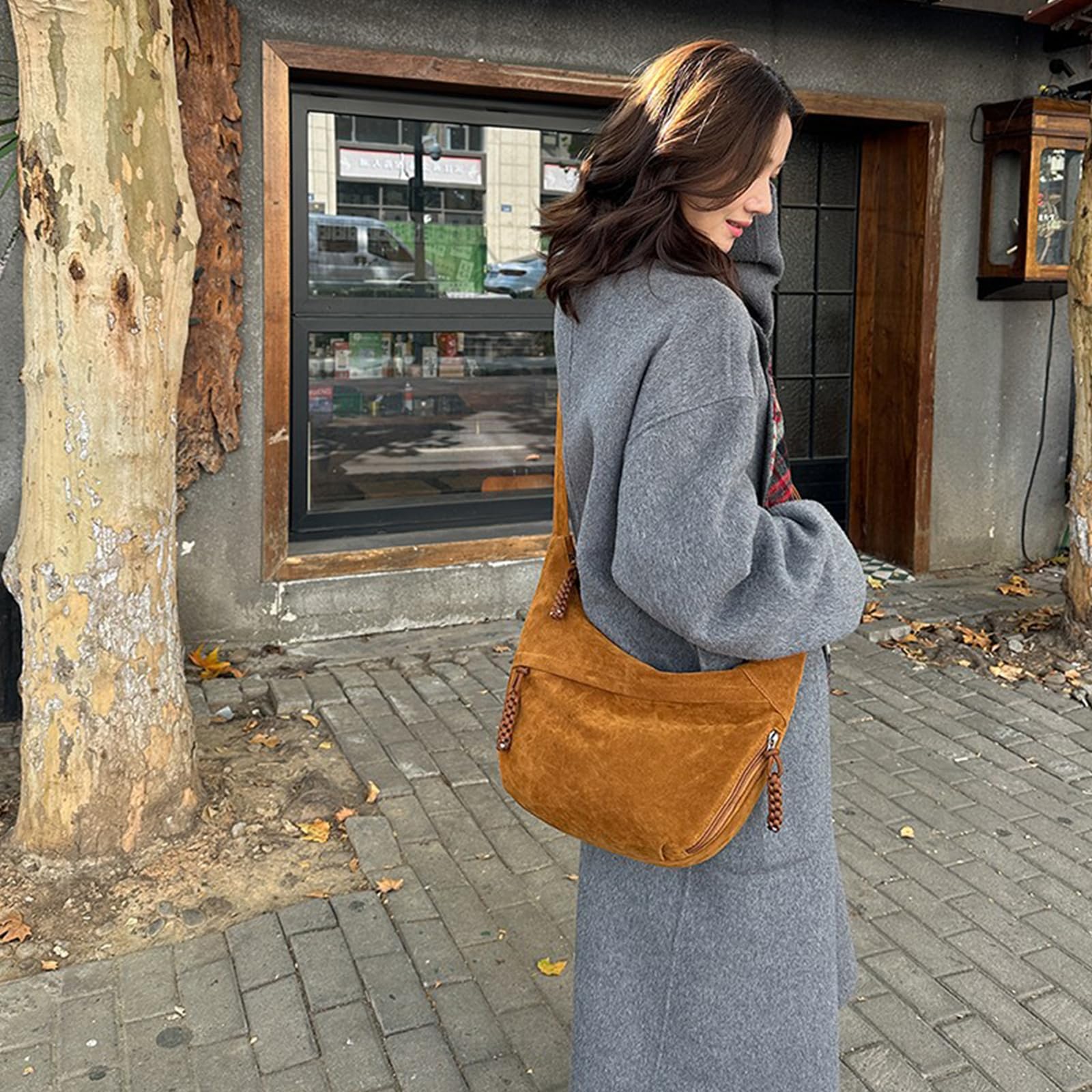 MRKU Umhängetasche aus Wildlederimitat, Retro-Stil, große Handtasche für Damen