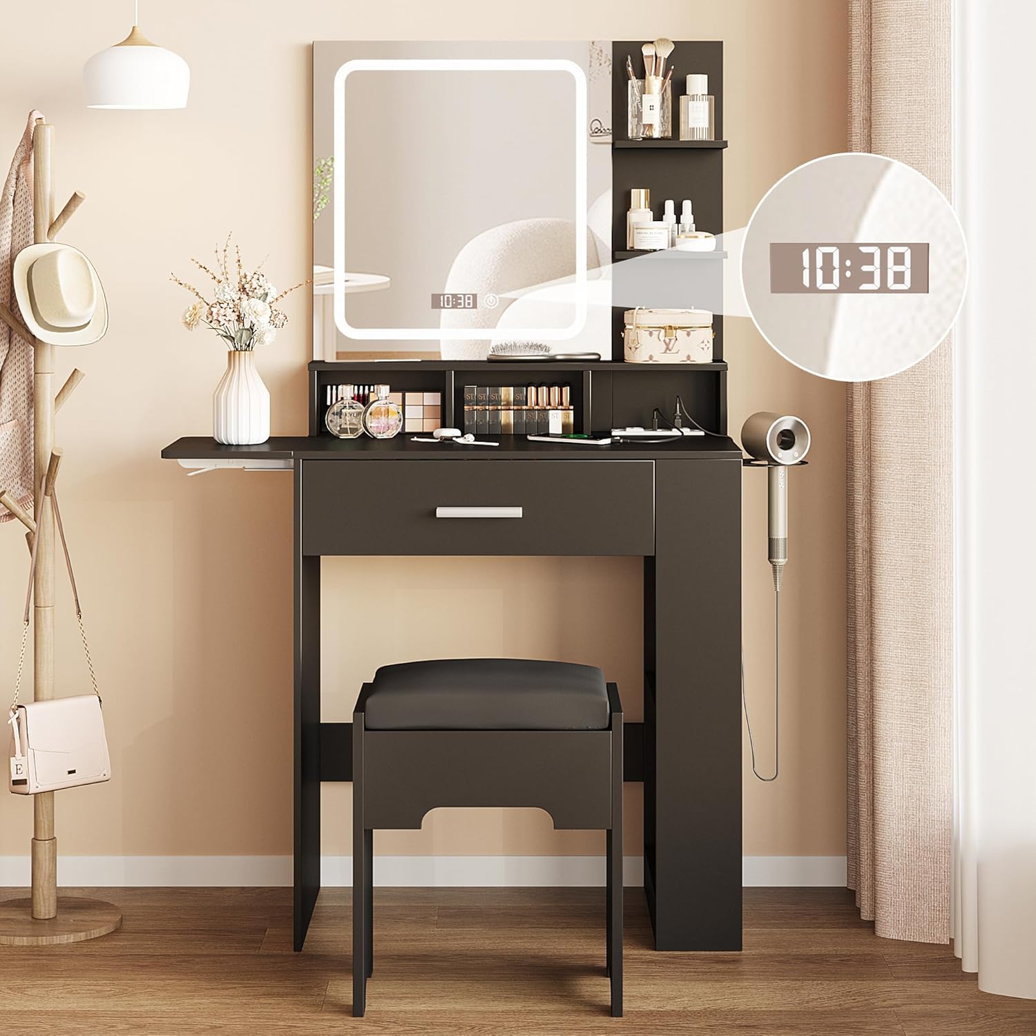 Vabches Makeup Vanity with Mirror and Lights, Small Vanity Desk with with Drawer Lots Storage, Vanity Set with Storage Drawer, Chair and Three Shelves, Black