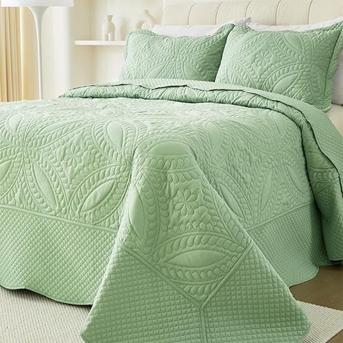 Miniatura 8 de Colcha tamaño King de 106 x 96 pulgadas, edredón de 3 piezas King con 2 fundas, juego de edredón ligero verde salvia para todas las estaciones,