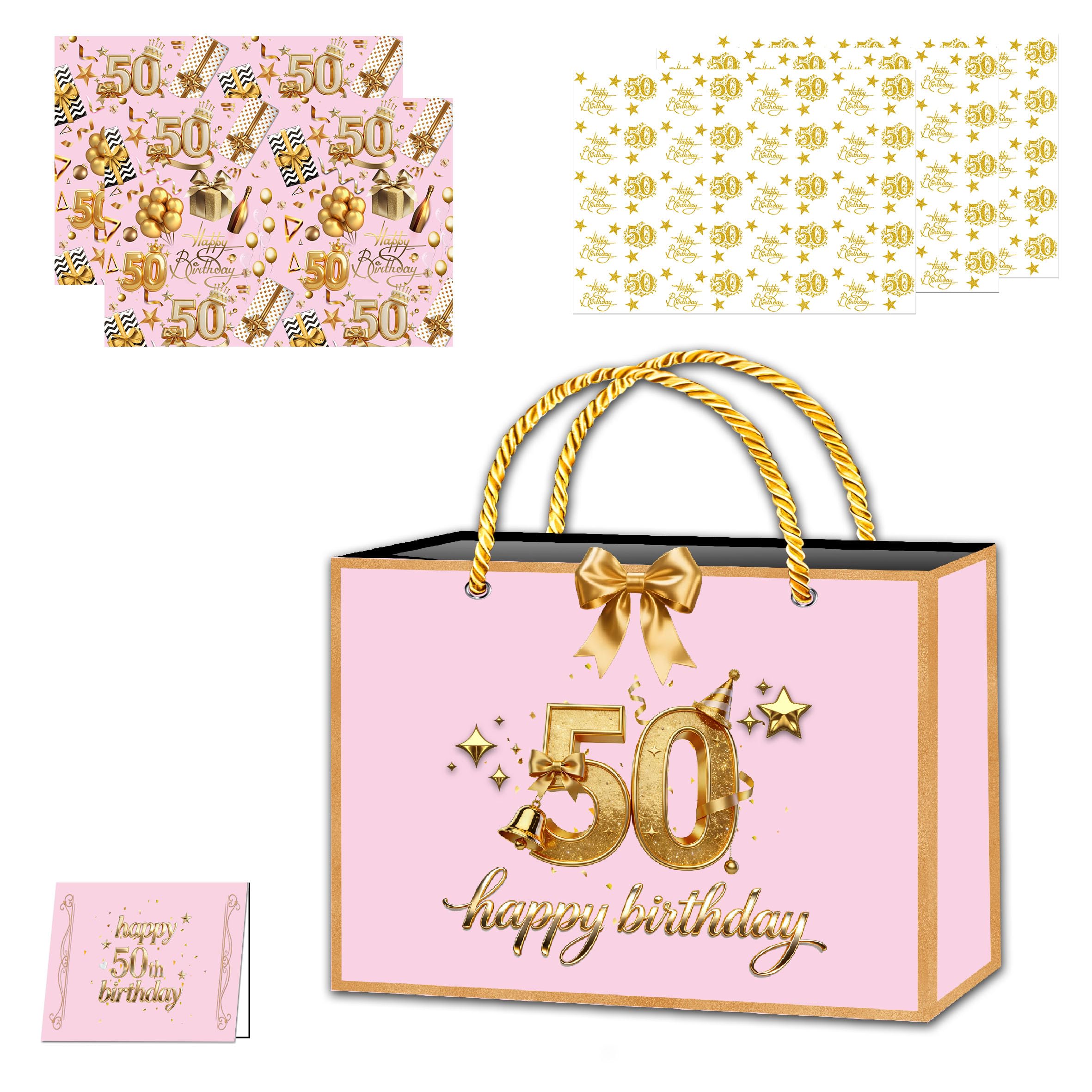 Rose Gold 50th Birthday Gift Bag with Handles, 50th Birthday Gift Bag 50thBirtday Wrapping Paper,Tissue Paper,Ribbon and Birthday Card for Girls Women Birthday-Gifts Wrapping