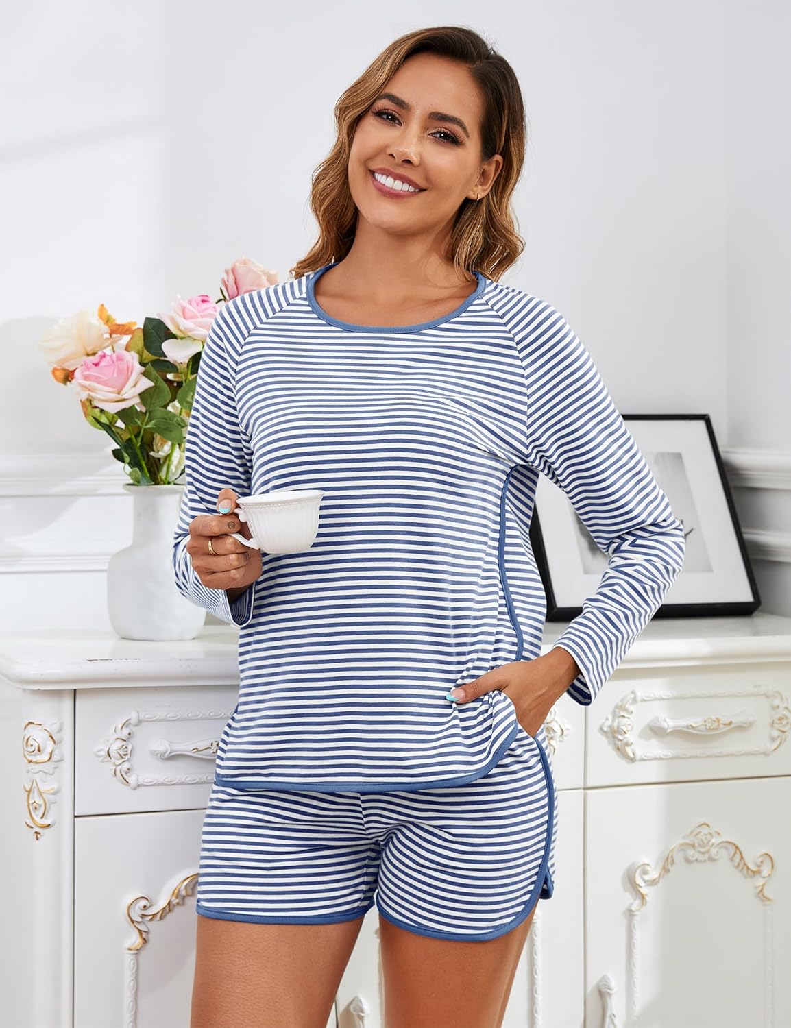 Cotton Pajama Sets for Women Soft 2 Piece Stripe Lounge Set Long Sleeve Shorts Pjs Loungewear Sleepwear with Pockets - Image 6