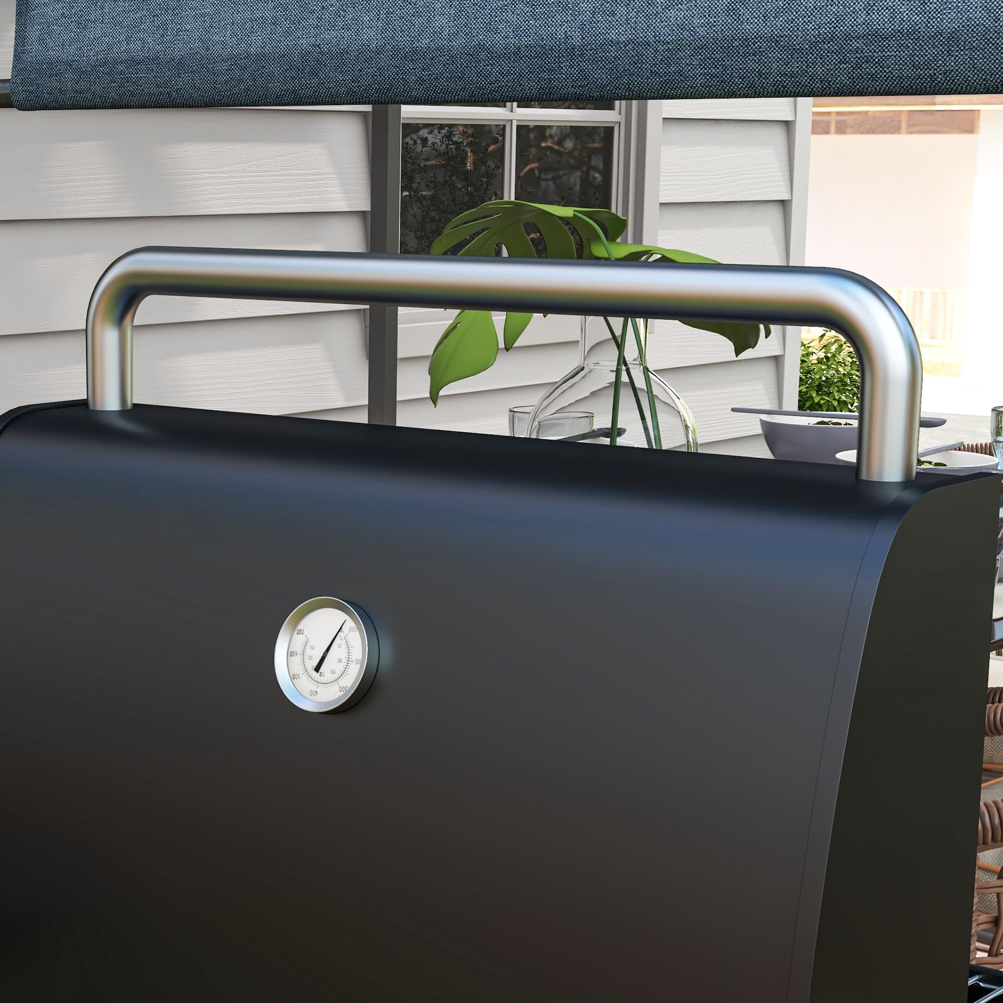 Outsunny Grill na węgiel drzewny z półkami, przenośny wózek do grillowania z kółkami, pokrywka, termometr, komin, do gotowania na świeżym powietrzu, ogrodu, na imprezę, czarny