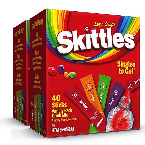 Skittles Zero Sugar - Mezcla de bebida baja en calorías para llevar, paquete variado a granel, 2 cajas de 40 palitos cada una, 80 palitos en total,