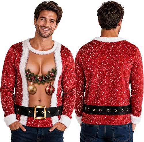 Men's Funny Ugly Christmas Sweater 3D Fake Hairy Chest Santa