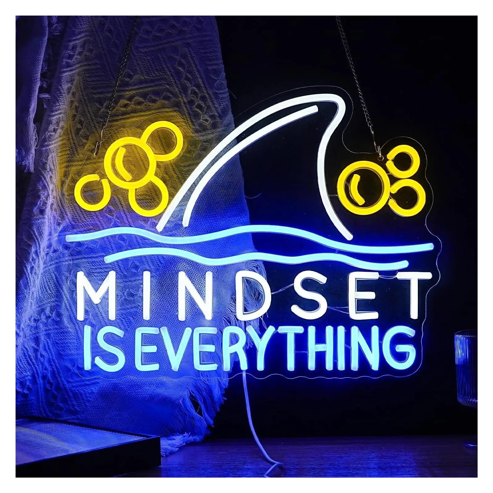 RONGCH Hanging Art Neon Signs Mindset is Everything Neon Sign Dimmable Fish Shark Light Wall Decor for Classroom Office Bedroom School 32x42cm
