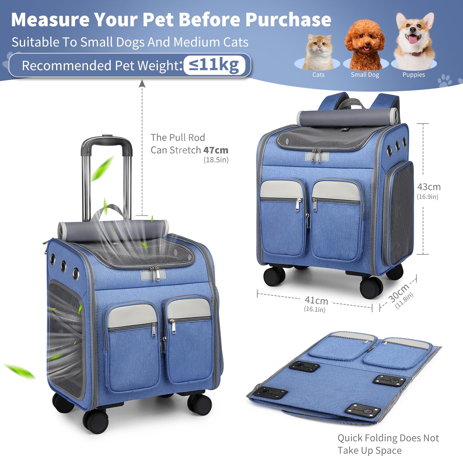 PETCUTE Katzenrucksack Hunderucksack mit Trolley 2 in 1 bis 11 kg,Faltbarer Hundetrolley mit 4 Rädern,Herausnehmbarer Matte,Multifunktionaler,Atmungsaktive Haustier-Reisetrage für Katzen und Welpen