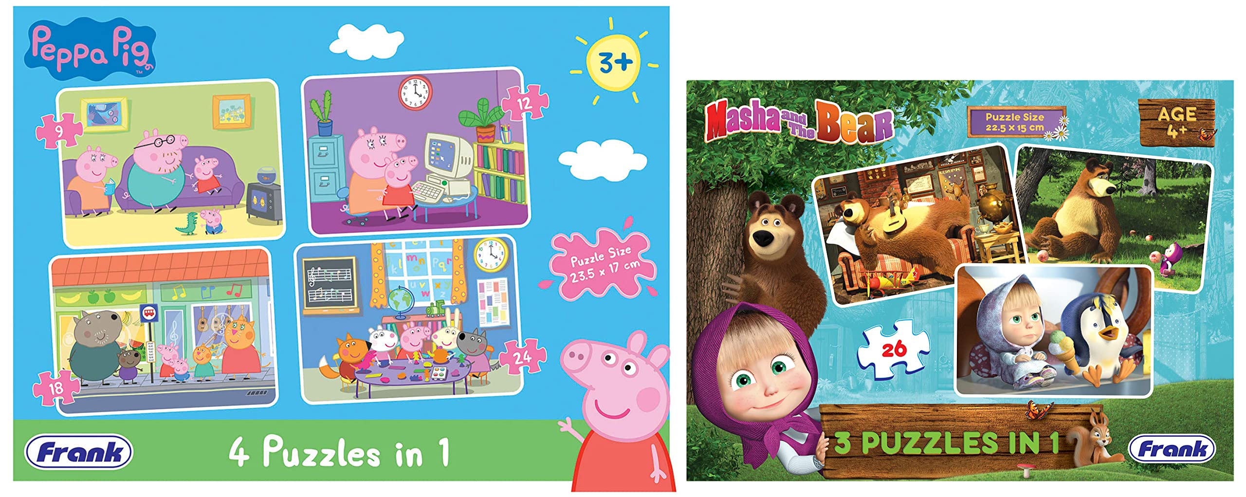 Frank Peppa Pig - 4 in 1 Cartoon Puzzle (9, 12, 18, 24) (2537673),Multicolor&Frank Masha and The Bear Puzzles for 48 to 1200 Months, Multicolour - Kids